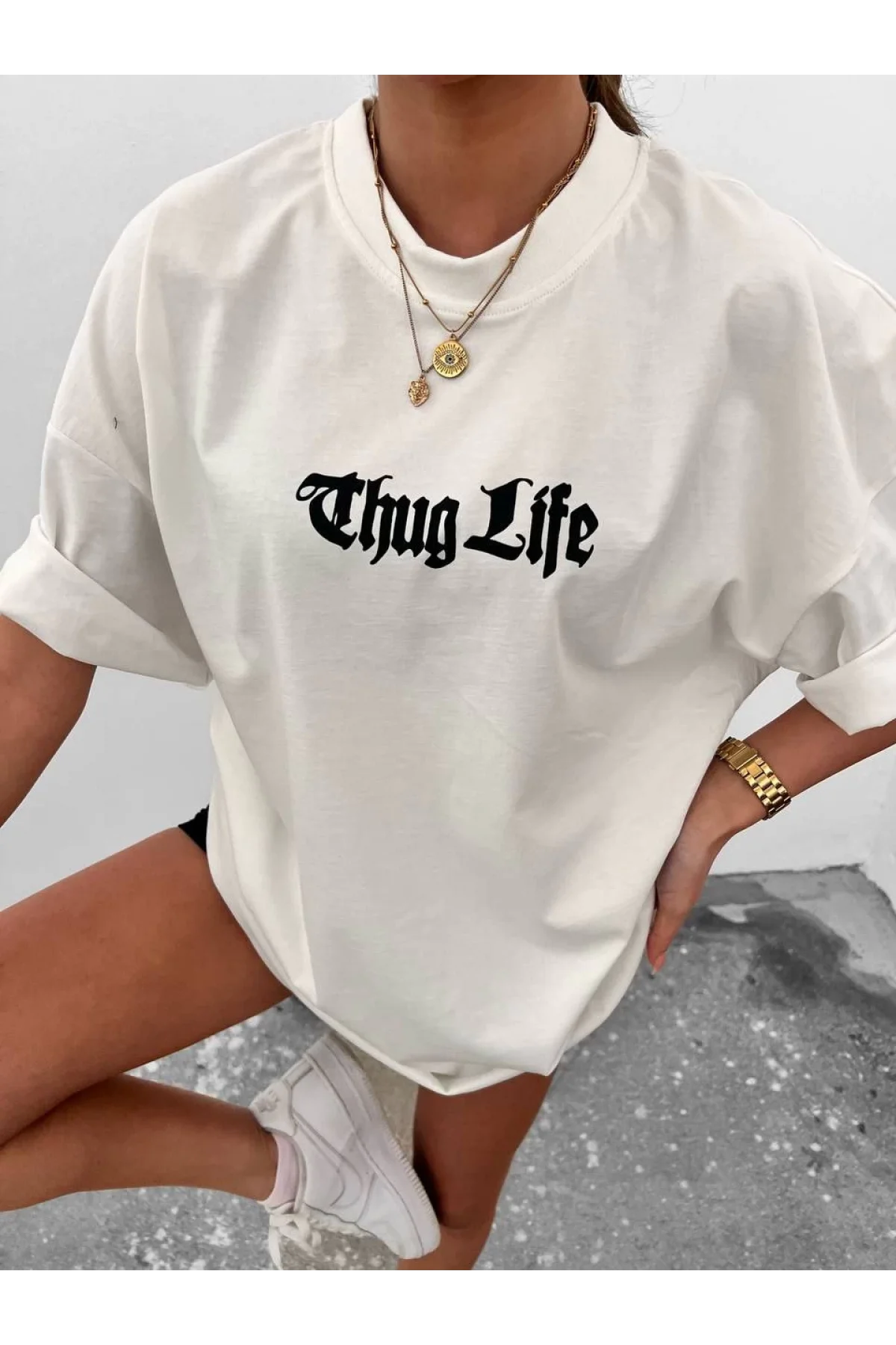 Unisex Bisiklet Yaka Baskılı Oversize T-Shirt - Beyaz