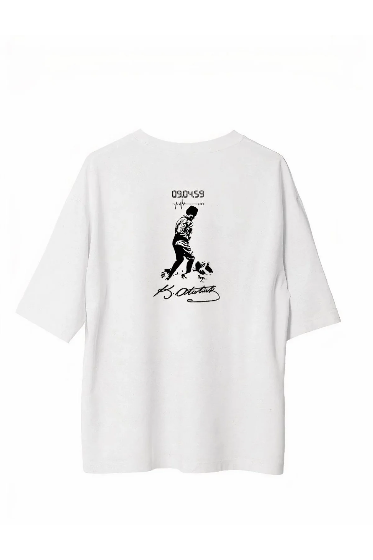 Unisex Bisiklet Yaka Baskılı Oversize T-Shirt - Beyaz