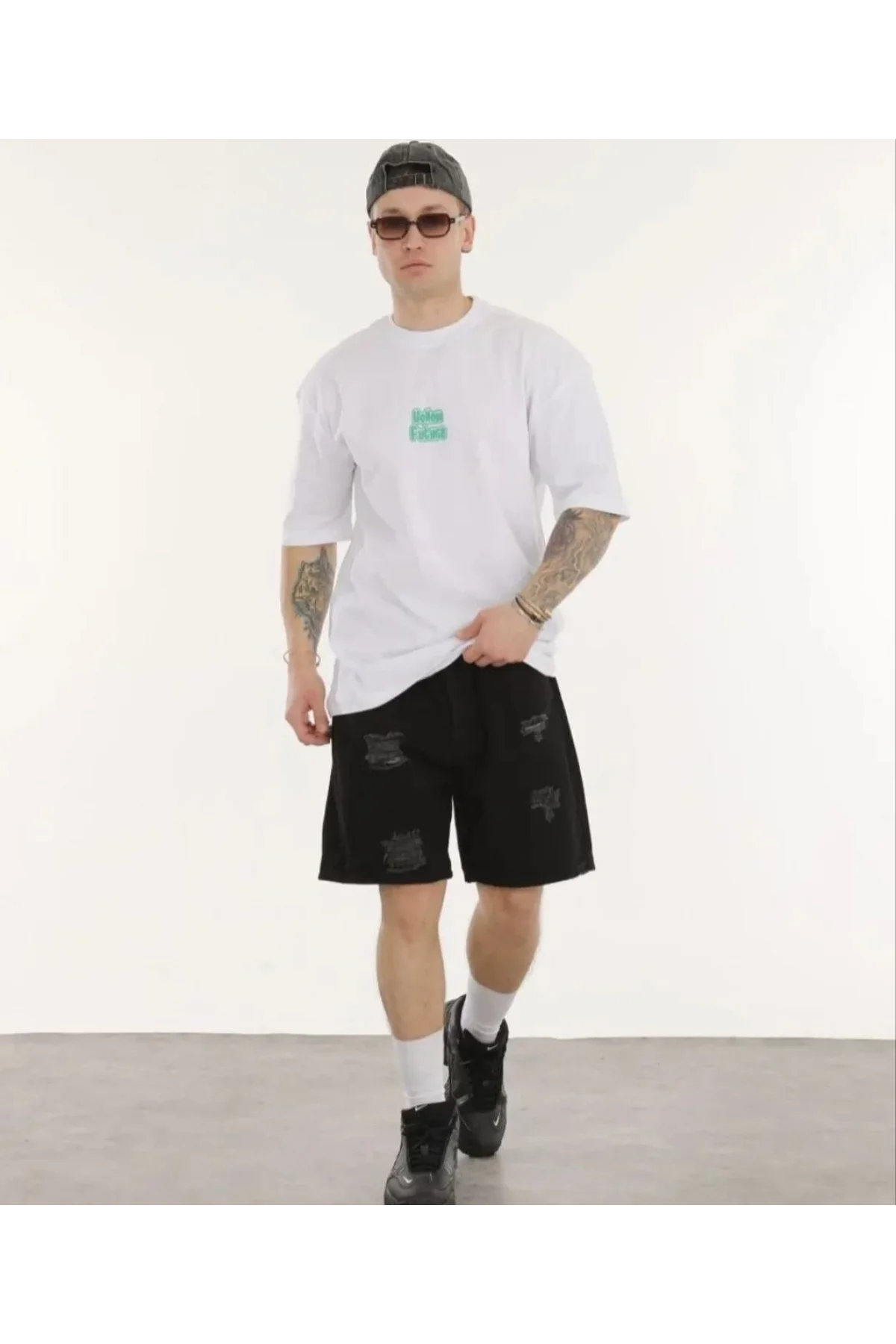 Unisex Bisiklet Yaka Baskılı Oversize T-Shirt - Beyaz