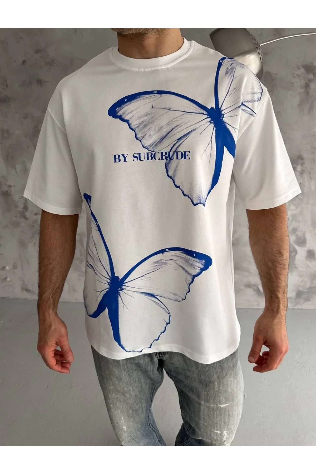 Unisex Bisiklet Yaka Baskılı Oversize T-Shirt - Beyaz