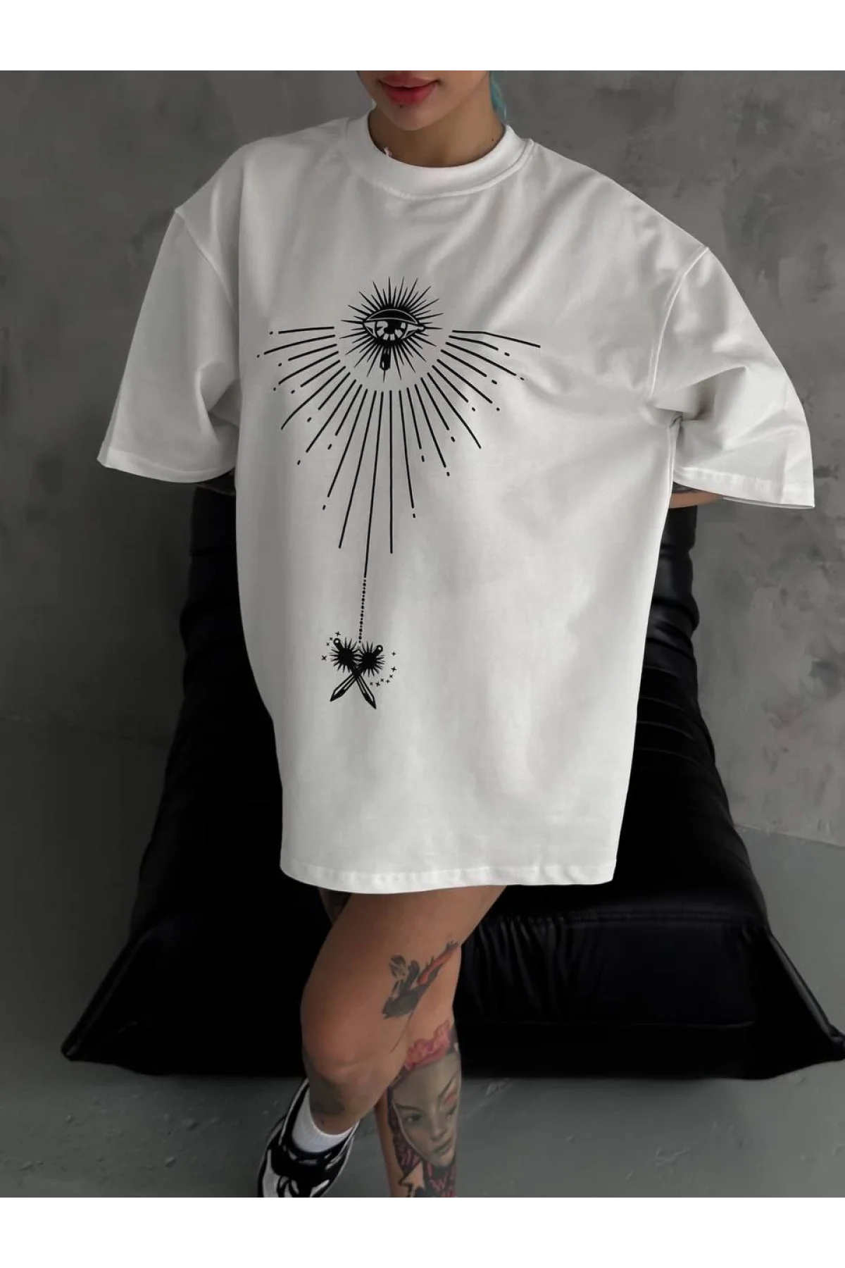 Unisex Bisiklet Yaka Baskılı Oversize T-Shirt - Beyaz