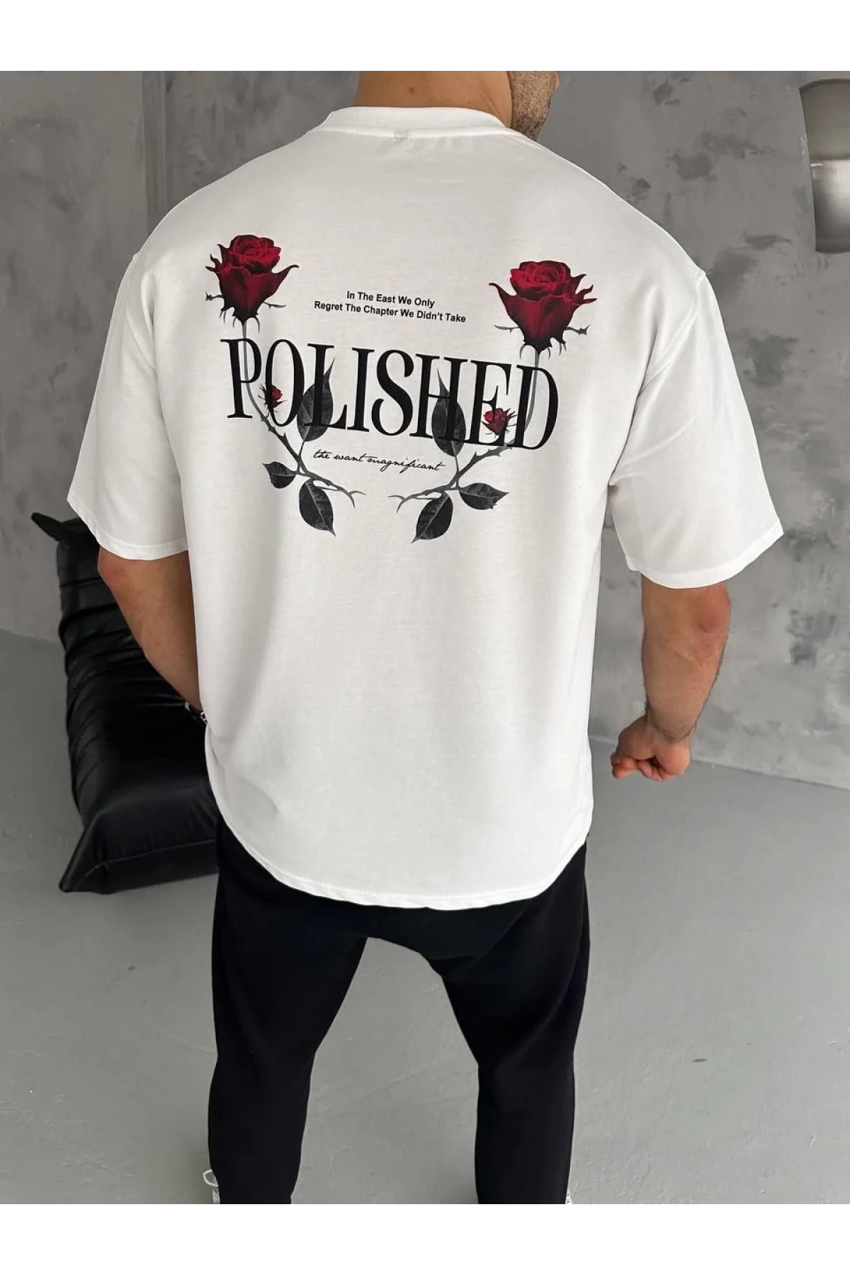 Unisex Bisiklet Yaka Baskılı Oversize T-Shirt - Beyaz