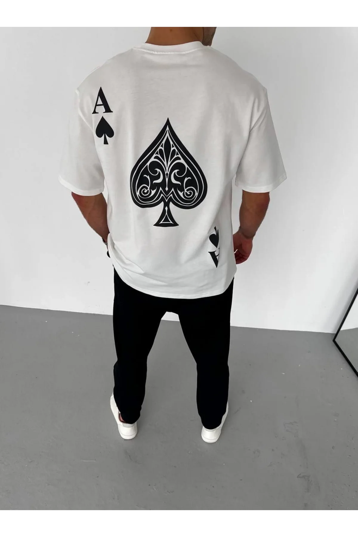 Unisex Bisiklet Yaka Baskılı Oversize T-Shirt - Beyaz