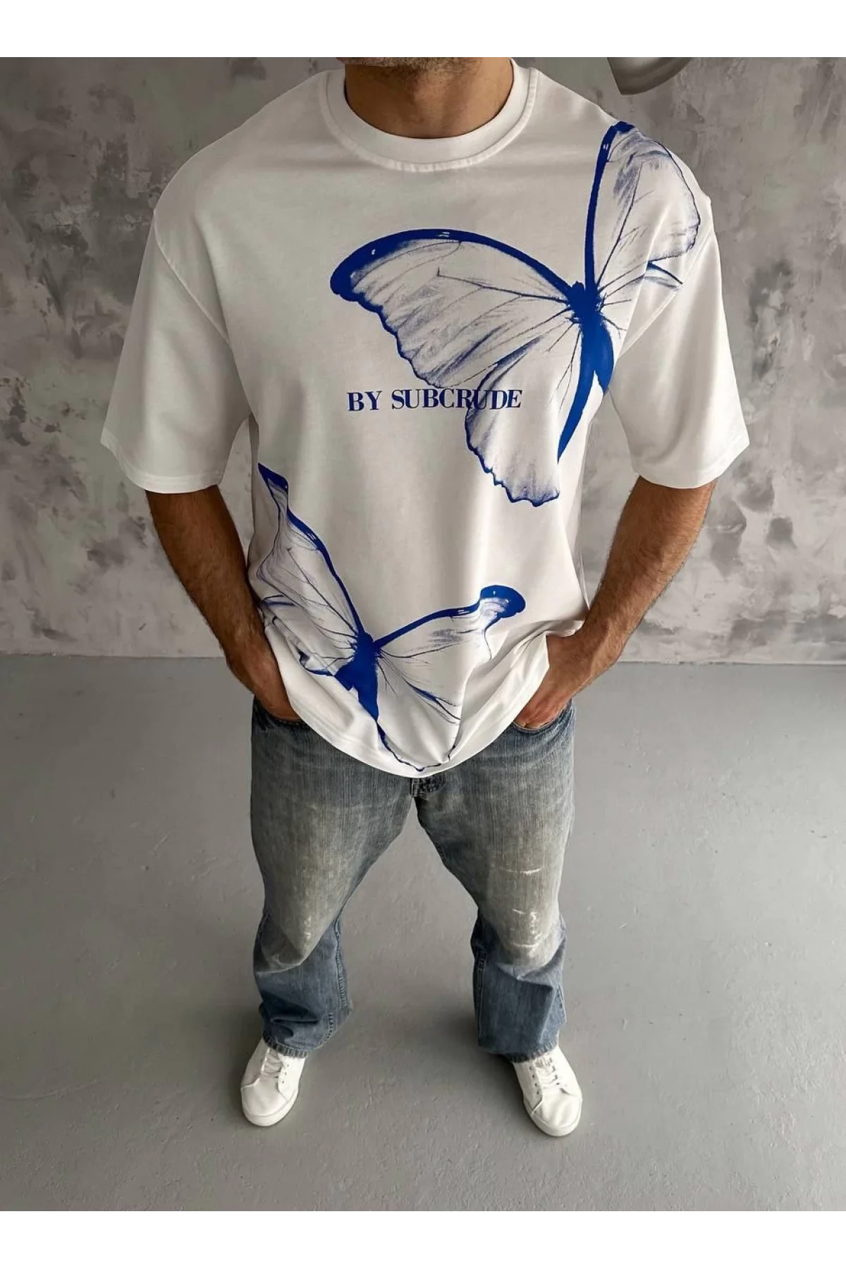 Unisex Bisiklet Yaka Baskılı Oversize T-Shirt - Beyaz