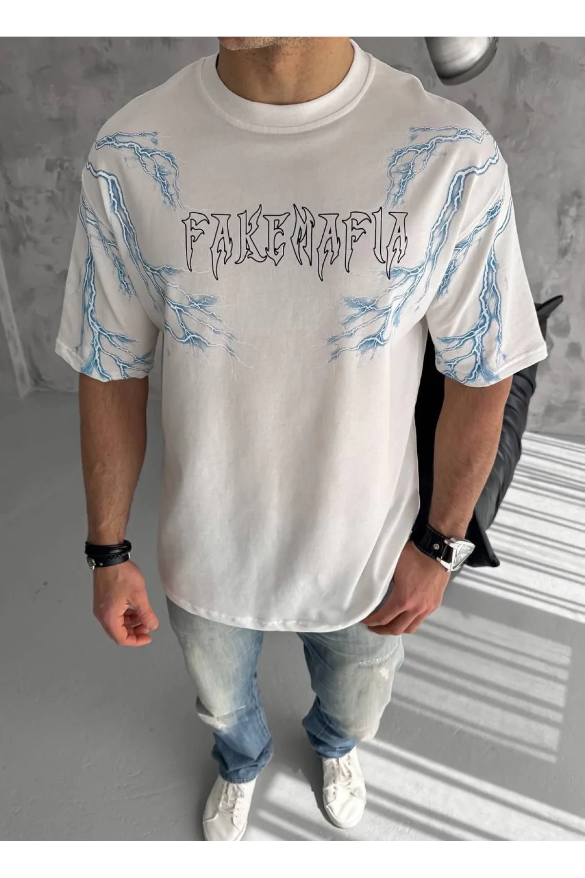 Unisex Bisiklet Yaka Baskılı Oversize T-Shirt - Beyaz