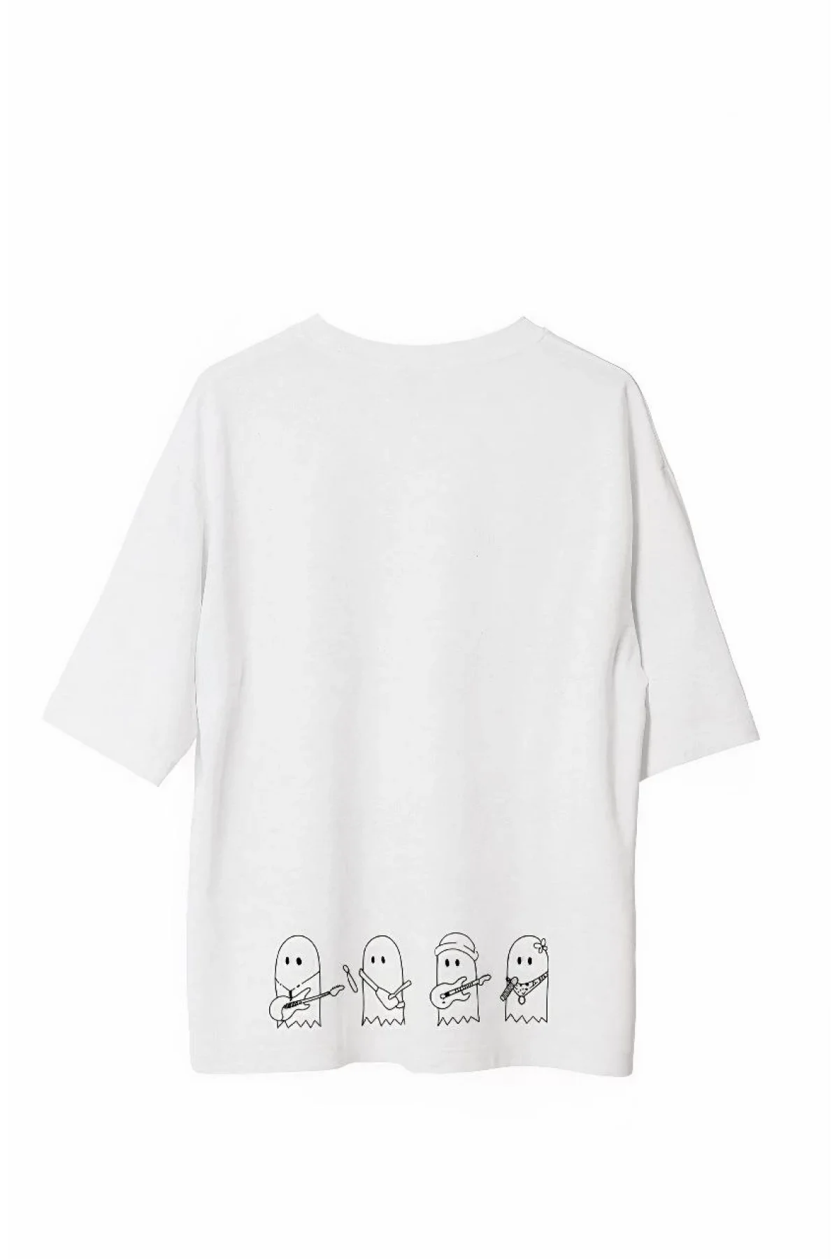 Unisex Bisiklet Yaka Baskılı Oversize T-Shirt - Beyaz