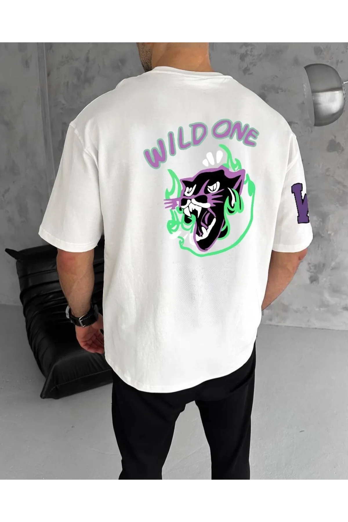 Unisex Bisiklet Yaka Baskılı Oversize T-Shirt - Beyaz