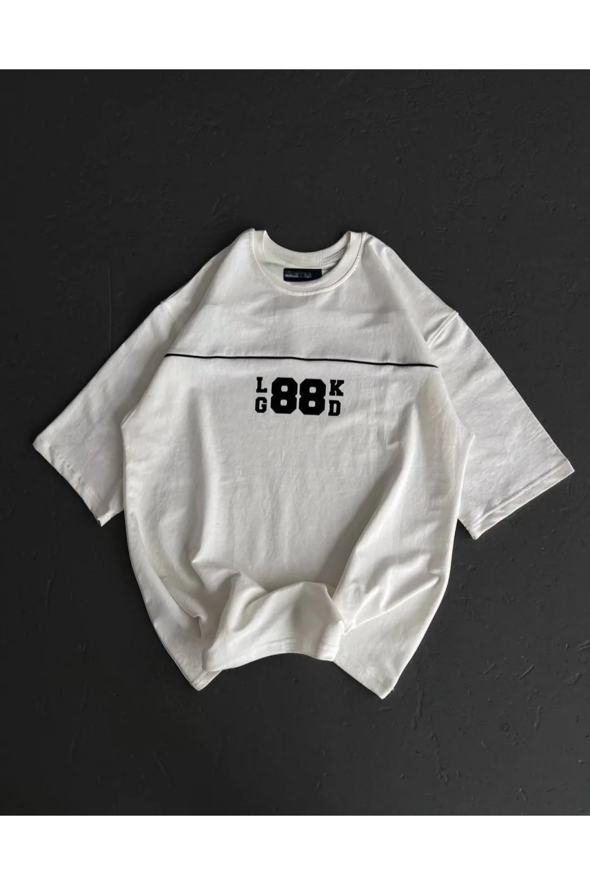 kadın  Bisiklet Yaka Baskılı Oversize T-Shirt - Beyaz