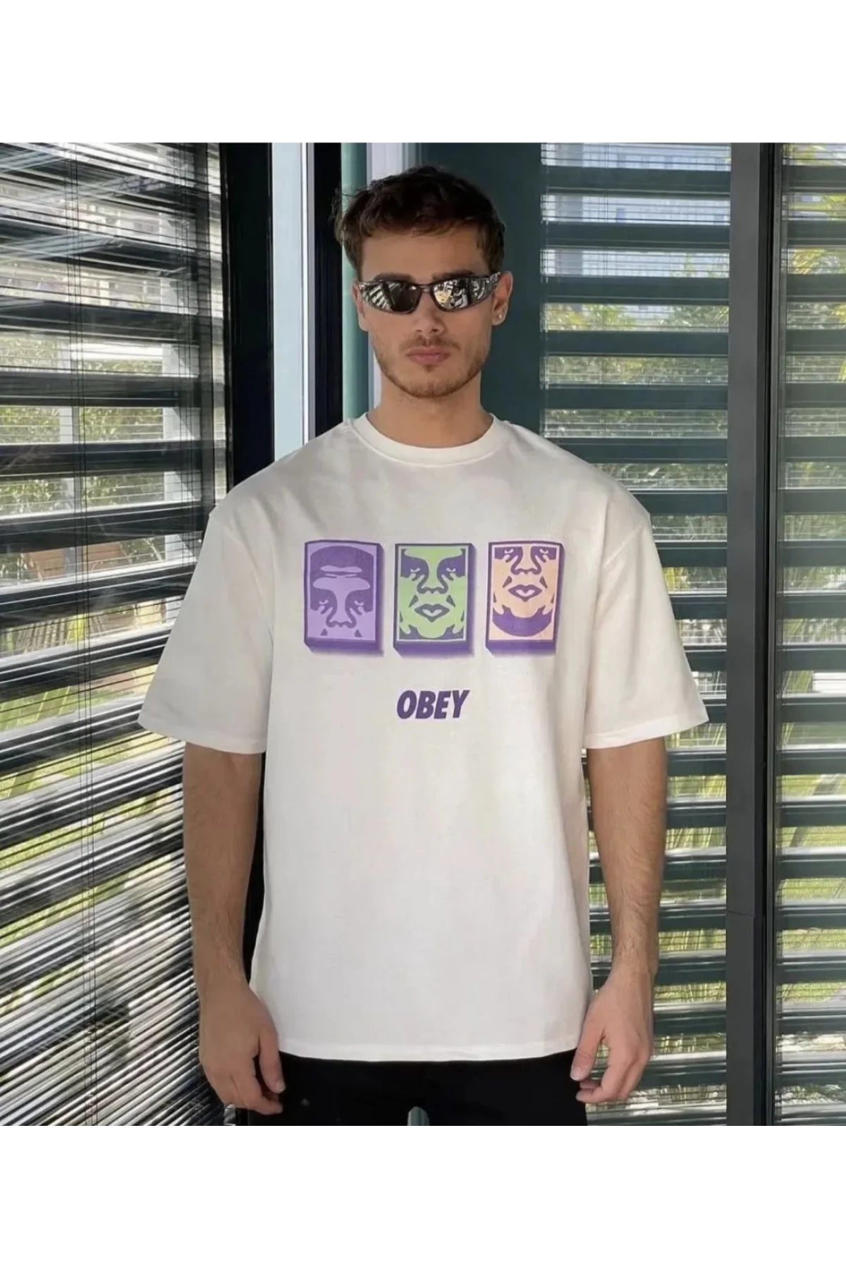 Unisex Bisiklet Yaka Baskılı Oversize T-Shirt - Beyaz