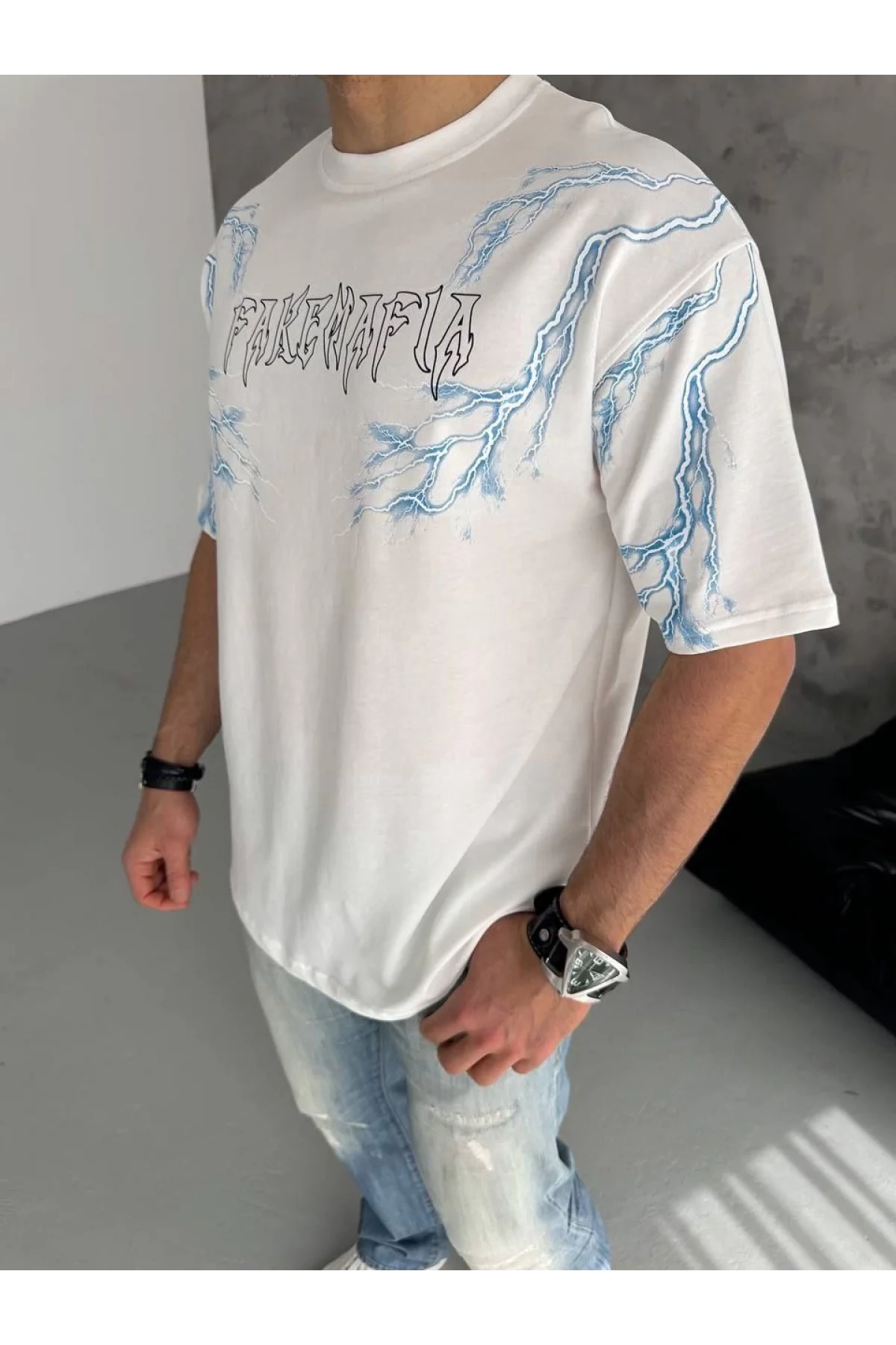 Erkek Bisiklet Yaka Baskılı Kısa kol T-Shirt - Beyaz