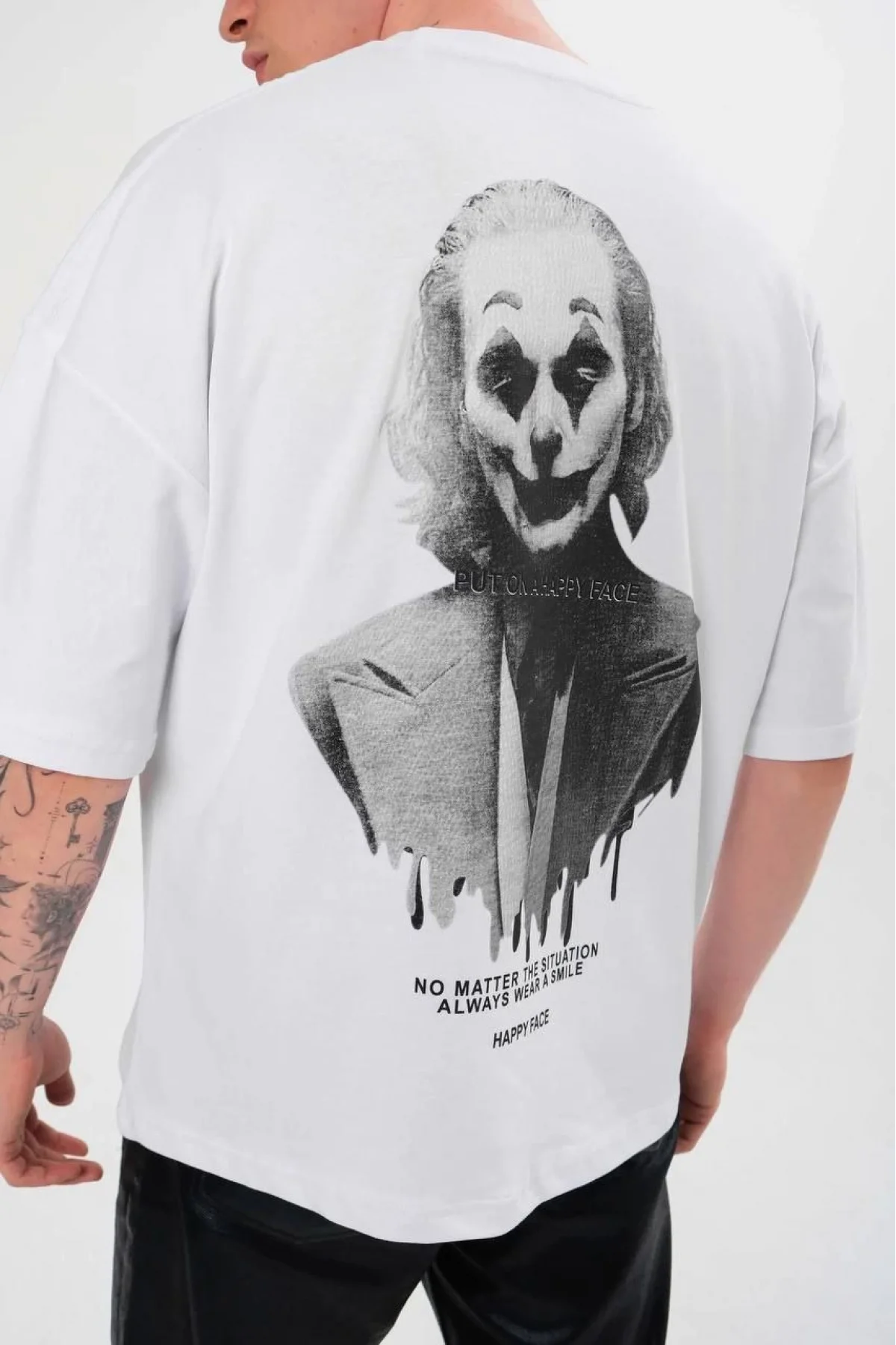 Unisex Bike Collar Printed Oversize T-Shirt - White