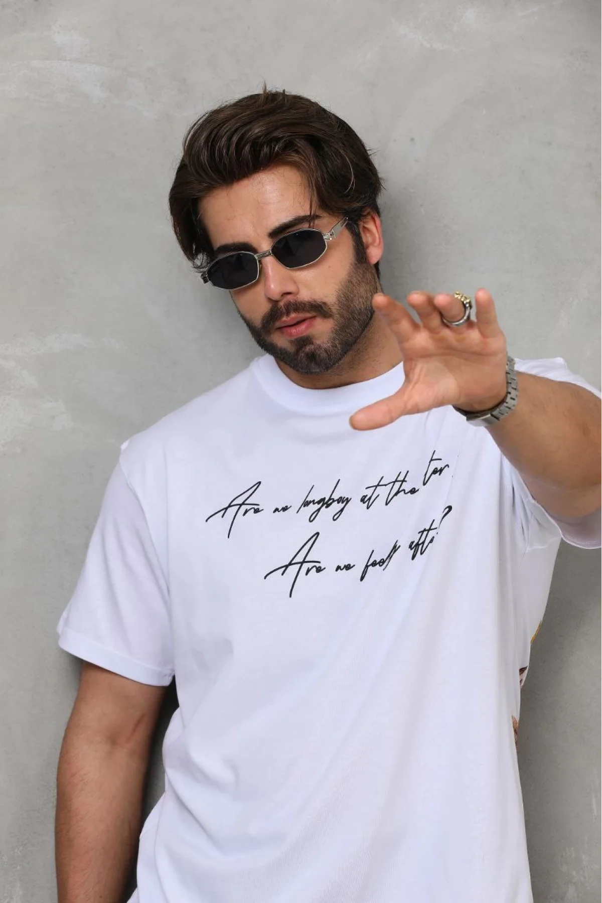 Unisex Bisiklet Yaka Baskılı Oversize T-Shirt - Beyaz