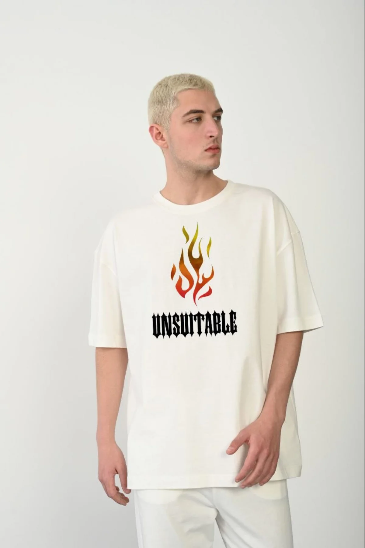 Unisex Bisiklet Yaka Baskılı Oversize T-Shirt - Beyaz