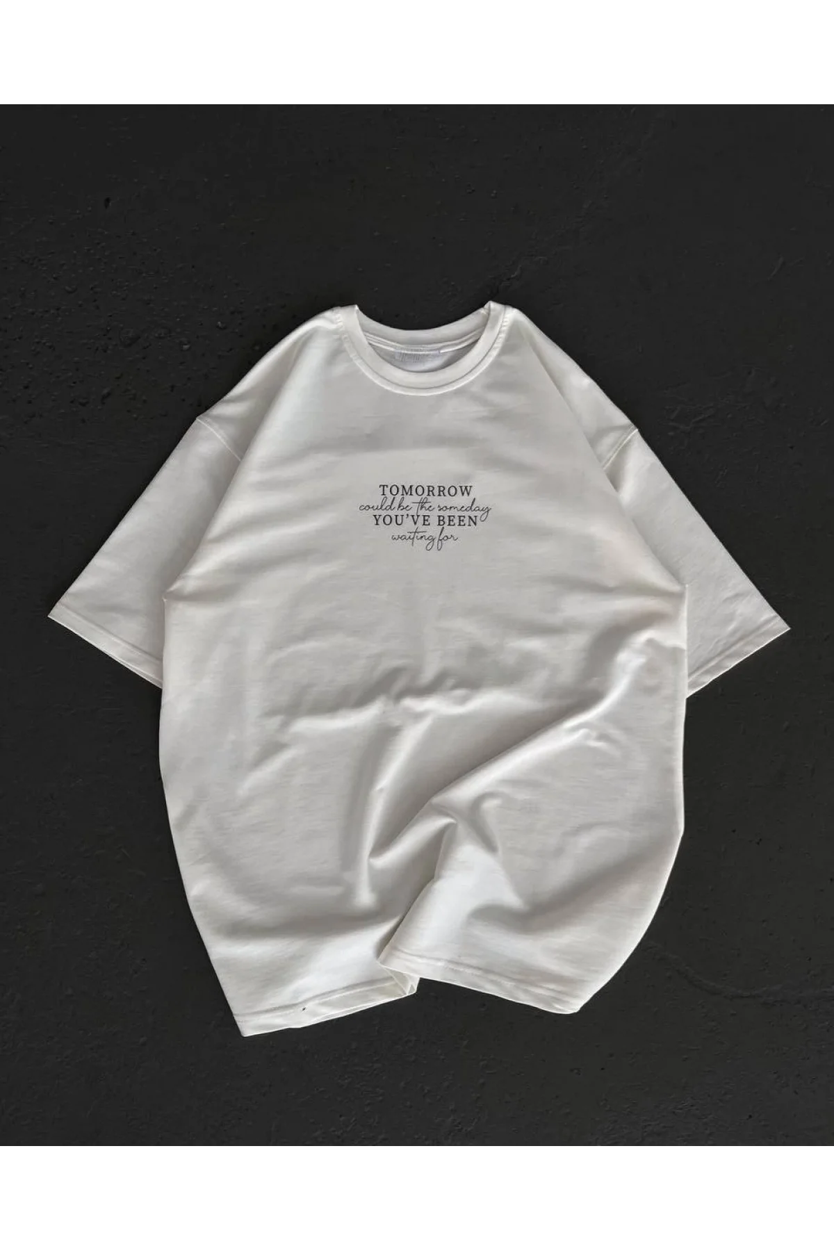 kadın  Bisiklet Yaka Baskılı Oversize T-Shirt - Beyaz