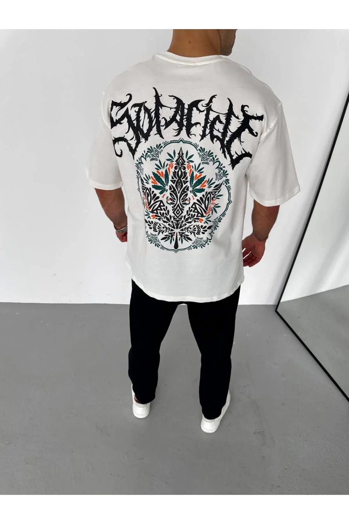 Unisex Bisiklet Yaka Baskılı Oversize T-Shirt - Beyaz