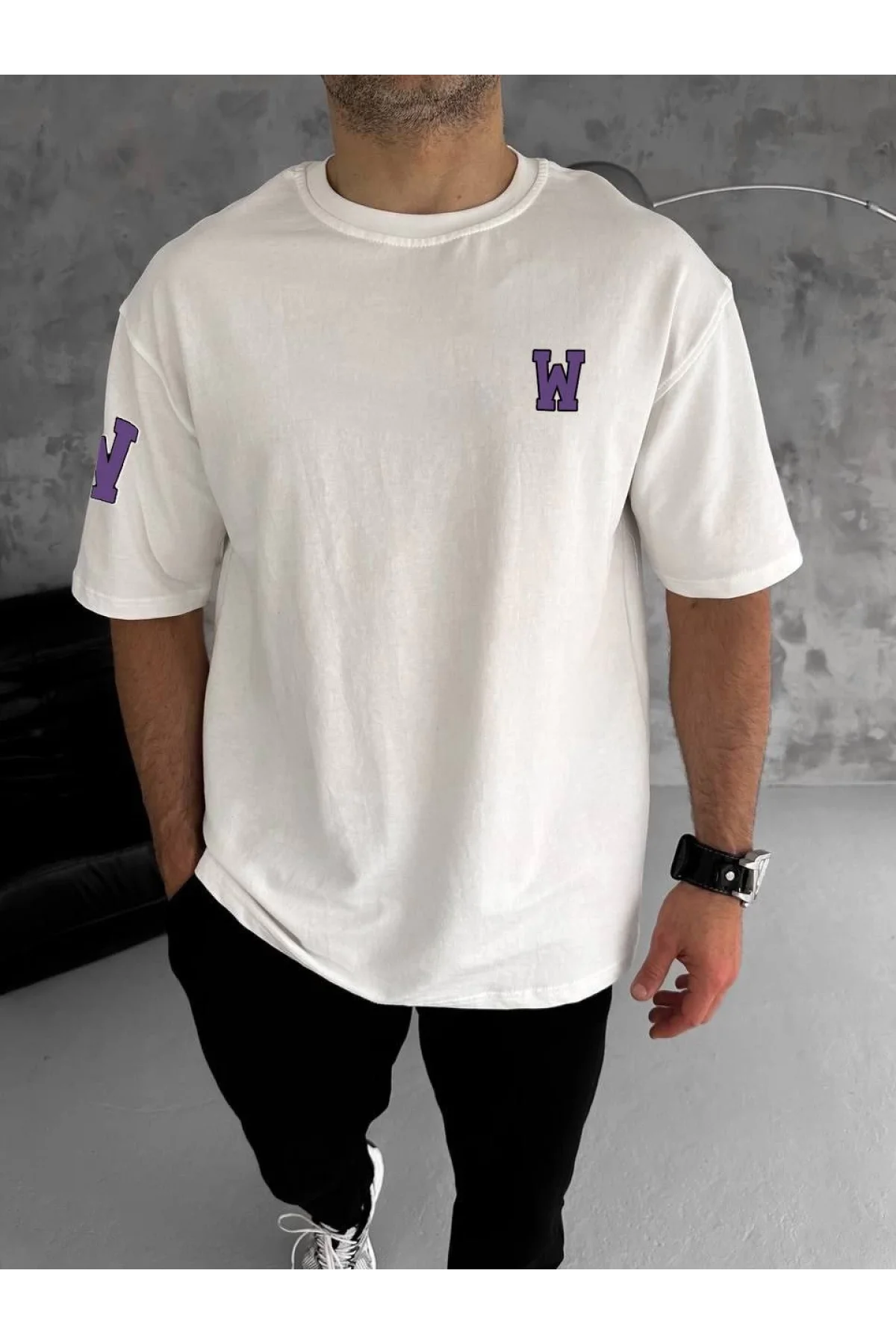 Unisex Bisiklet Yaka Baskılı Oversize T-Shirt - Beyaz