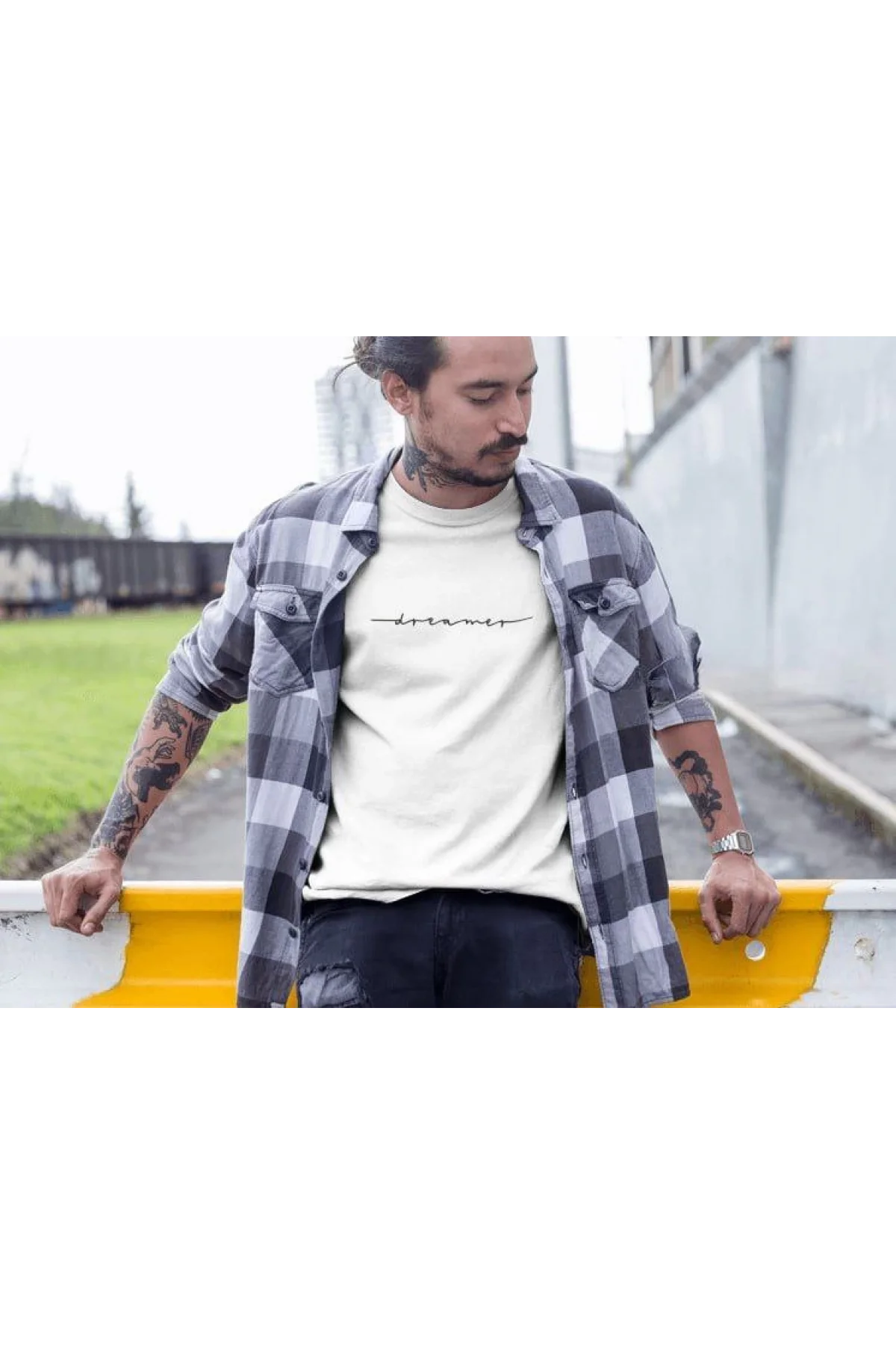 Erkek Bisiklet Yaka Baskılı Oversize T-Shirt - Beyaz