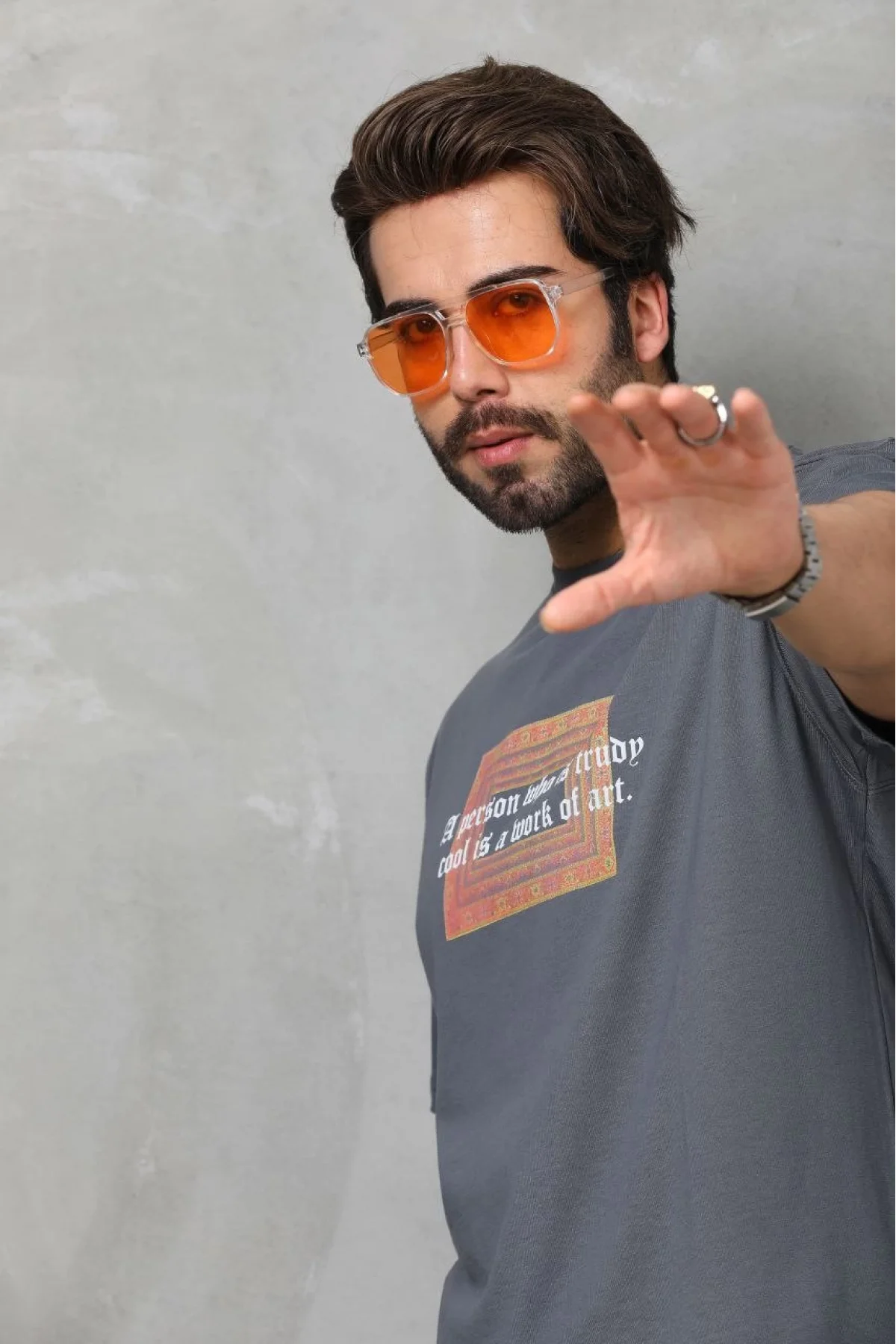 Unisex Bisiklet Yaka Baskılı Oversize T-Shirt - Füme