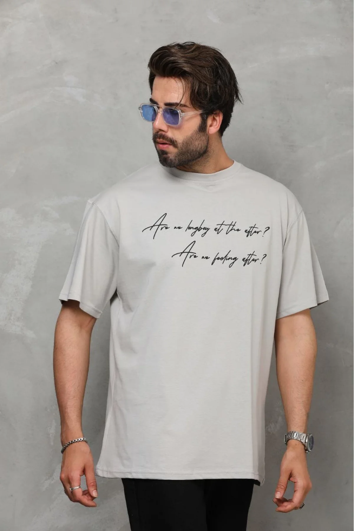 Unisex Bisiklet Yaka Baskılı Oversize T-Shirt - Gri