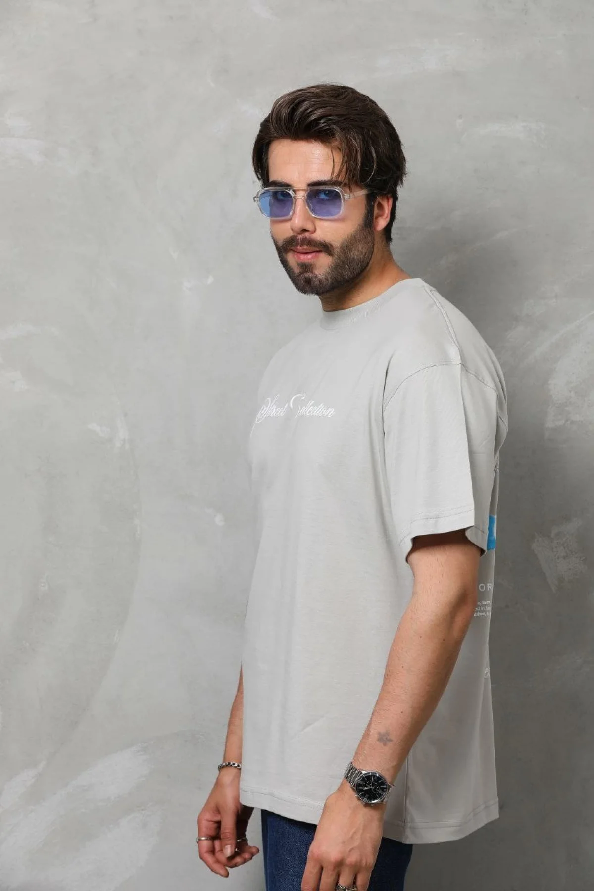 Unisex Bisiklet Yaka Baskılı Oversize T-Shirt - Gri