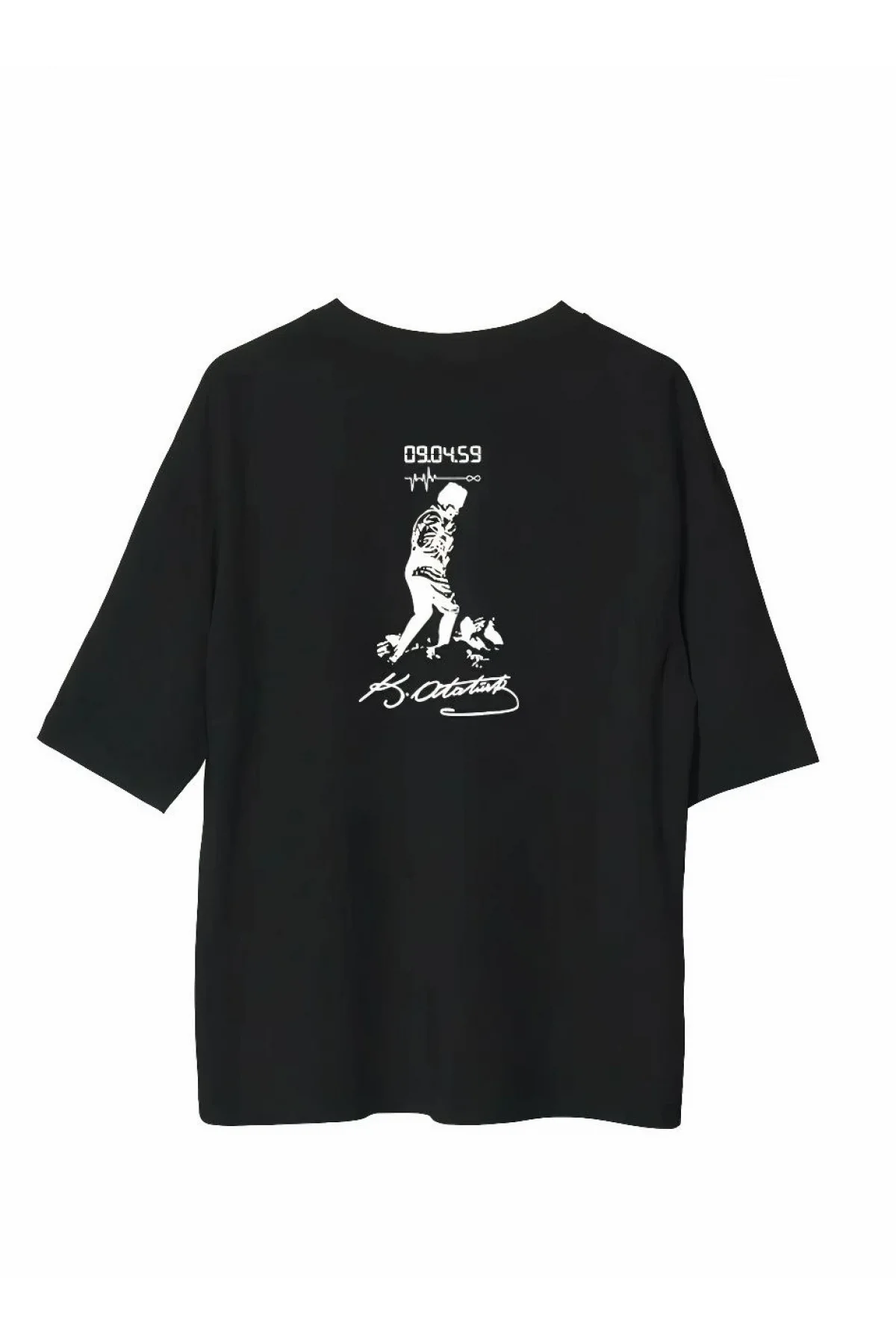 Unisex Bisiklet Yaka Baskılı Oversize T-Shirt - Siyah