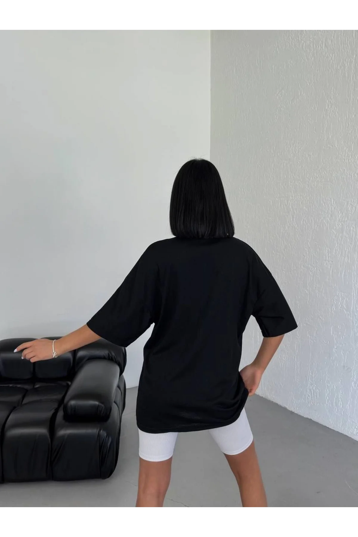 Kadın Baskılı T-Shirt Kısa Kol Bisiklet Yaka  Ovarsize Rahat Kalıp Günlük Tişört - Siyah