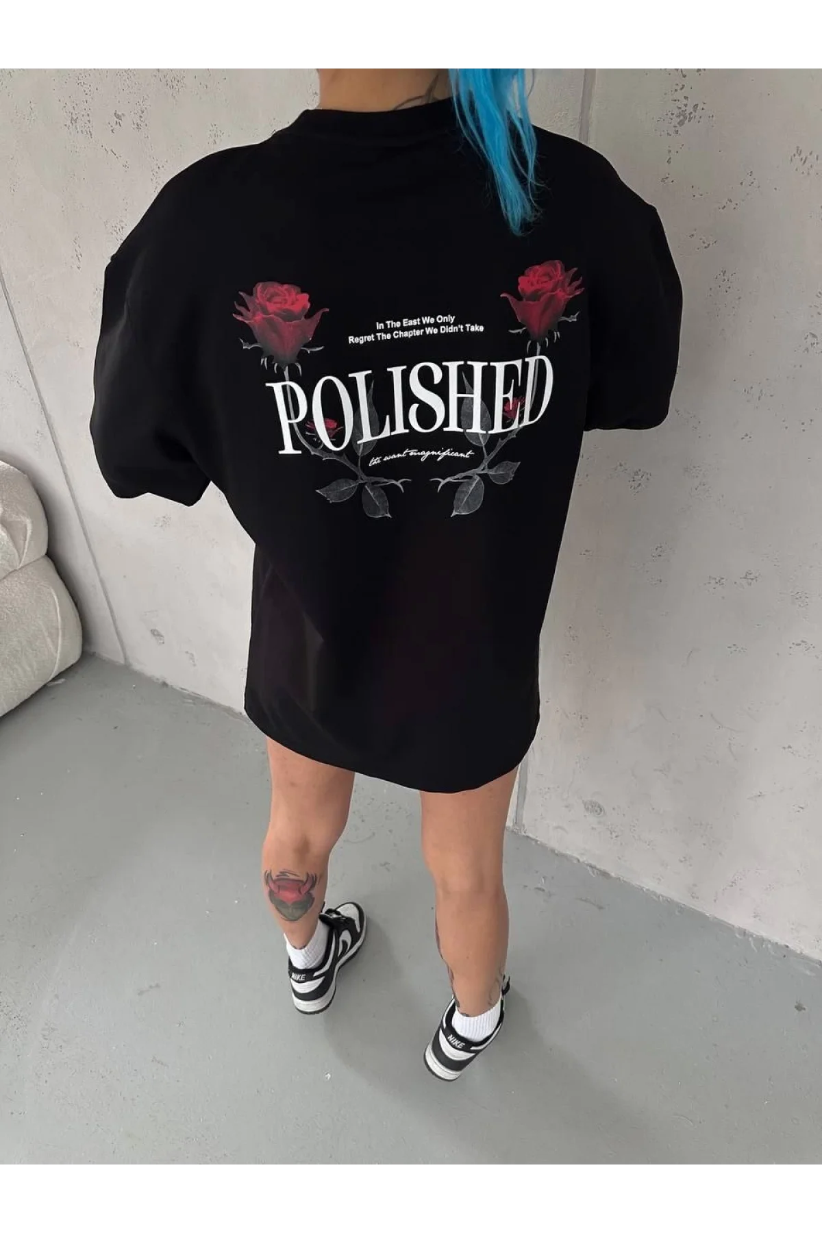 Kadın Bisiklet Yaka Baskılı kısa kol Oversize T-Shirt - Siyah