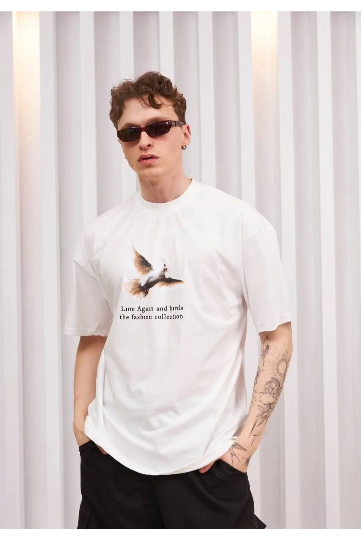 Unisex Bisiklet Yaka Baskılı Oversize T-Shirt - Siyah