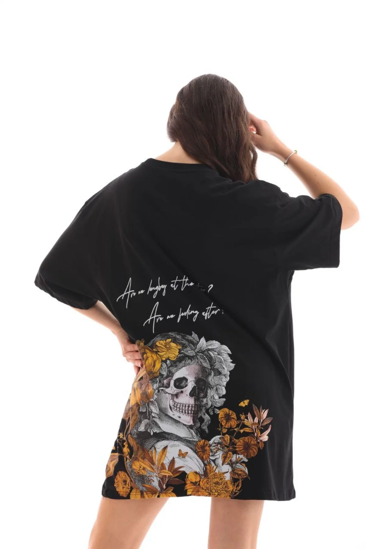 kadın  Bisiklet Yaka Baskılı Oversize T-Shirt - Siyah