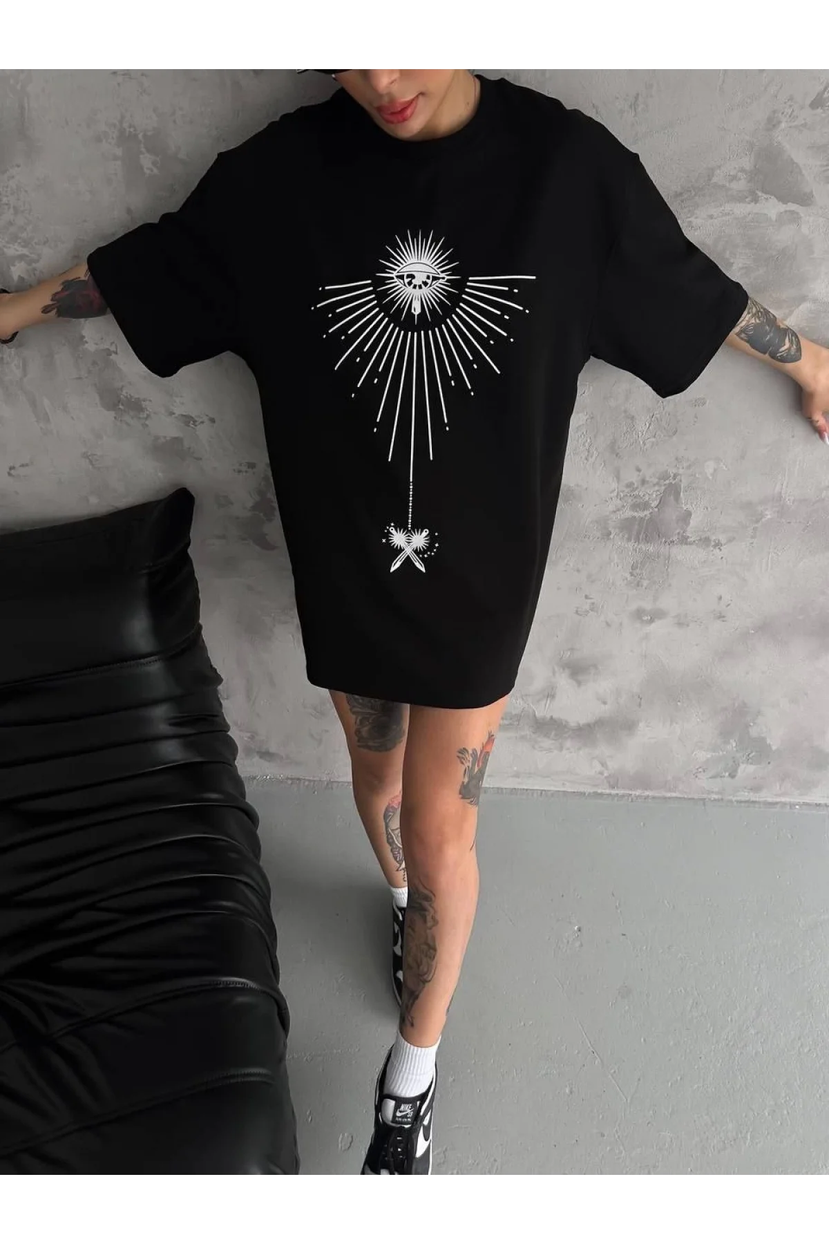 Unisex Bisiklet Yaka Baskılı Oversize T-Shirt - Siyah