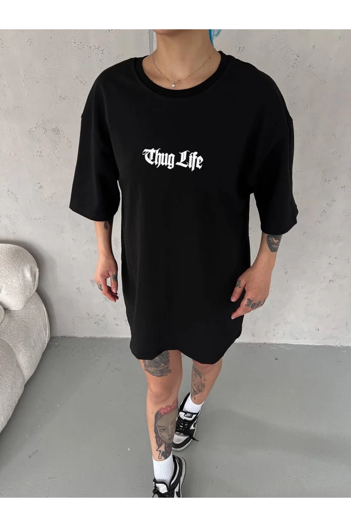 Unisex Bisiklet Yaka Baskılı Oversize T-Shirt - Siyah