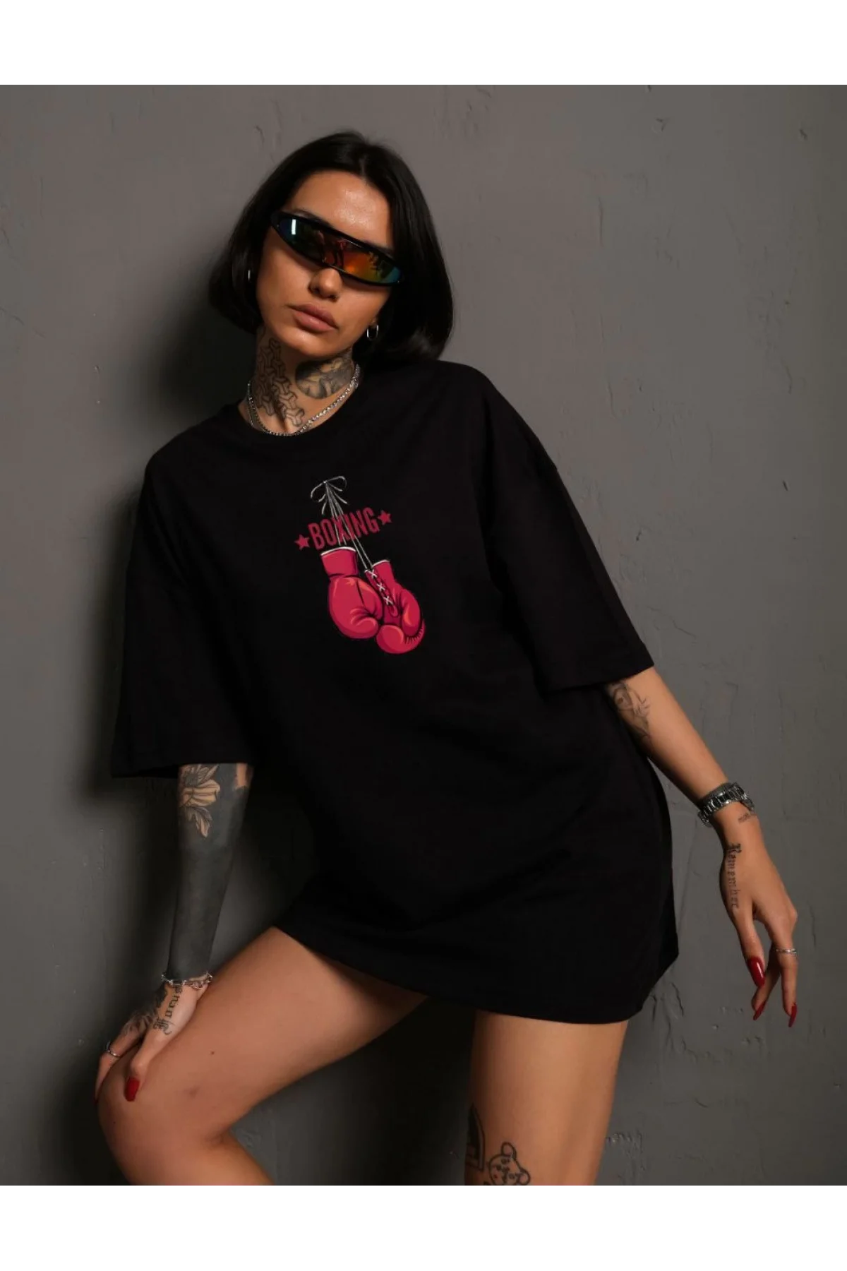 Unisex Bisiklet Yaka Baskılı Oversize T-Shirt - Siyah