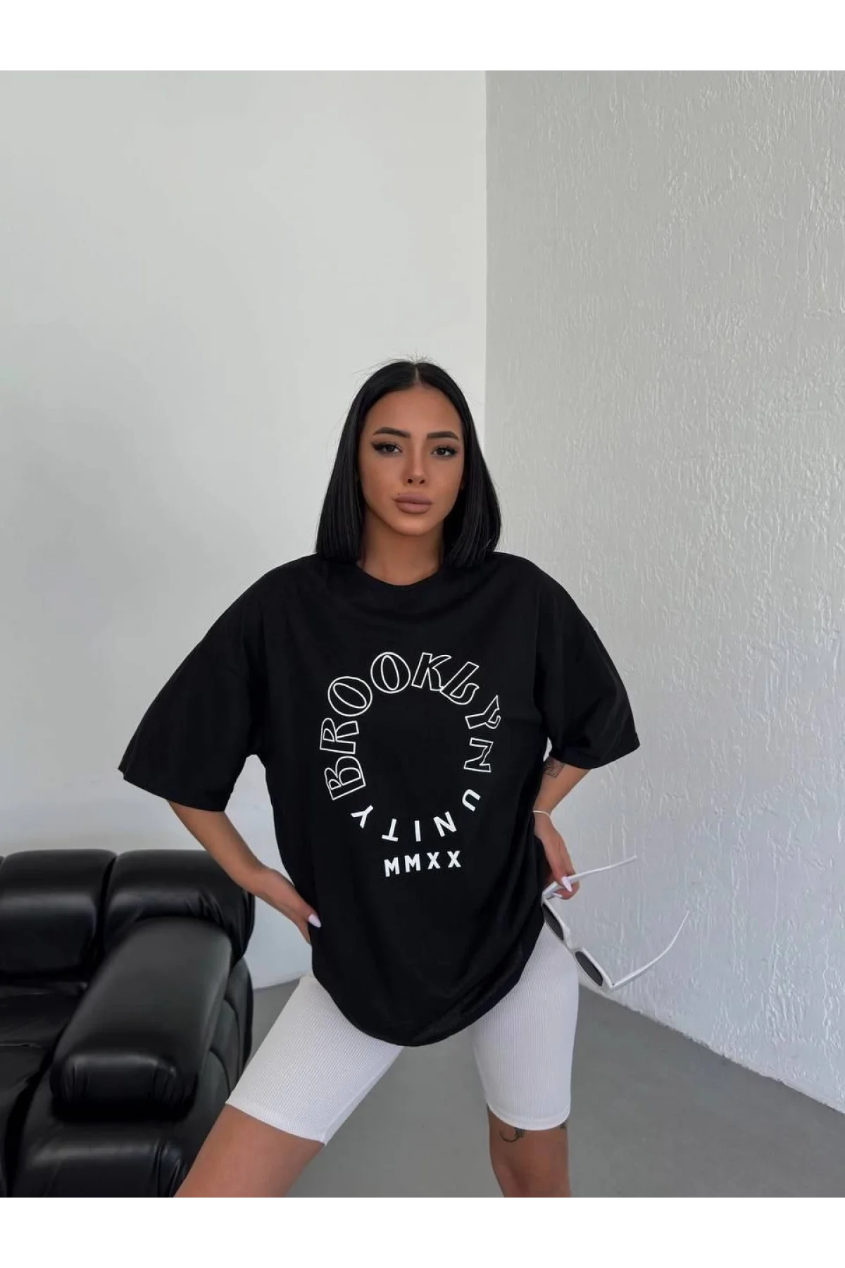 Kadın Baskılı T-Shirt Kısa Kol Bisiklet Yaka  Ovarsize Rahat Kalıp Günlük Tişört - Siyah