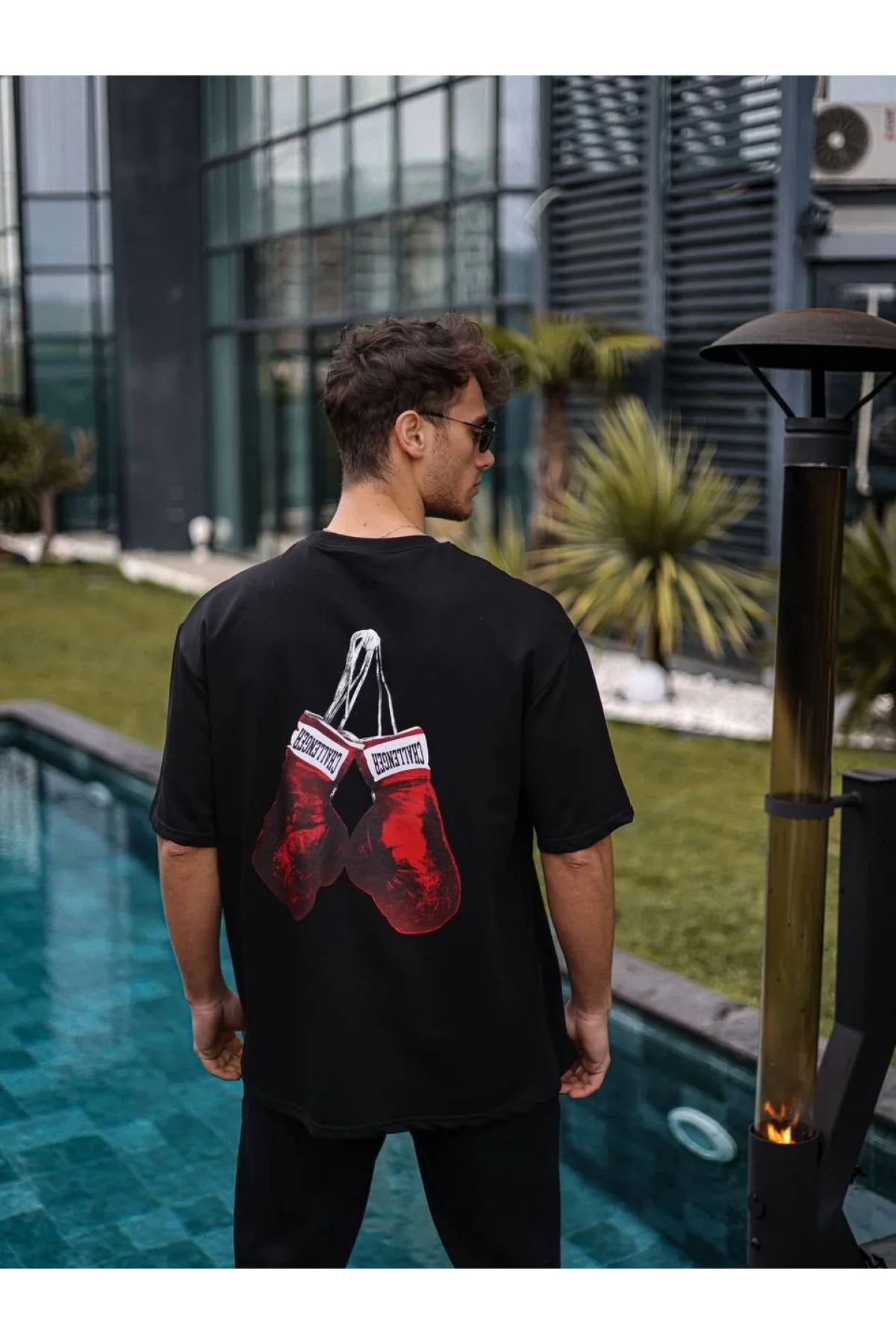 Unisex Bisiklet Yaka Baskılı Oversize T-Shirt - Siyah