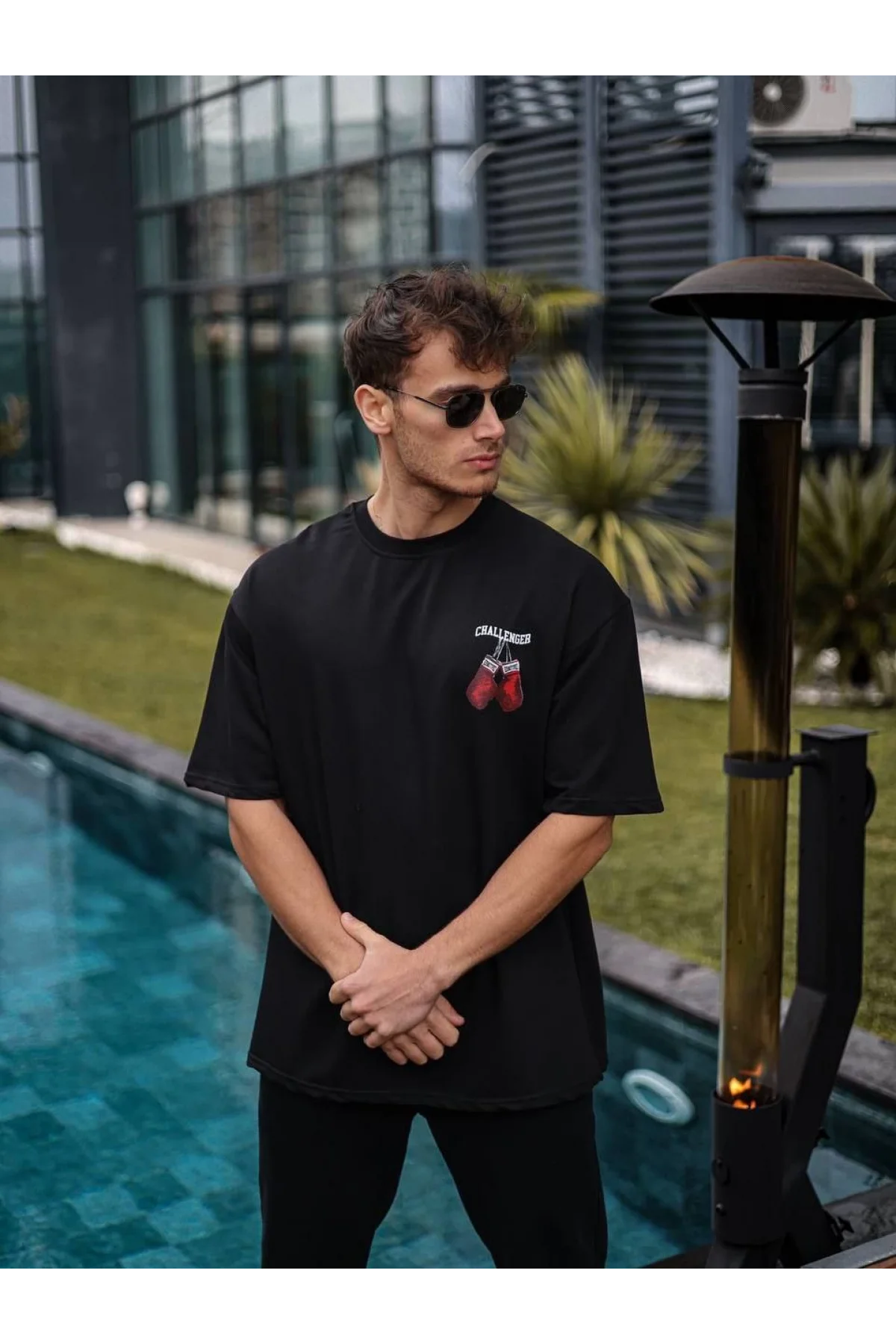 Unisex Bisiklet Yaka Baskılı Oversize T-Shirt - Siyah