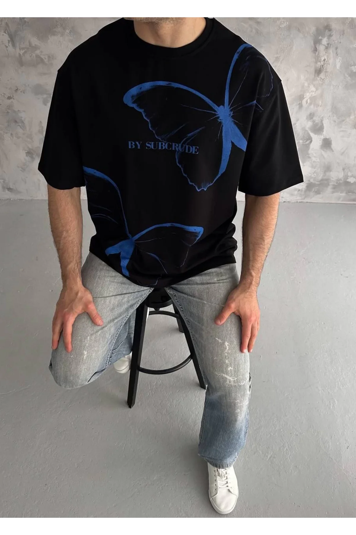 Unisex Bisiklet Yaka Baskılı Oversize T-Shirt - Siyah