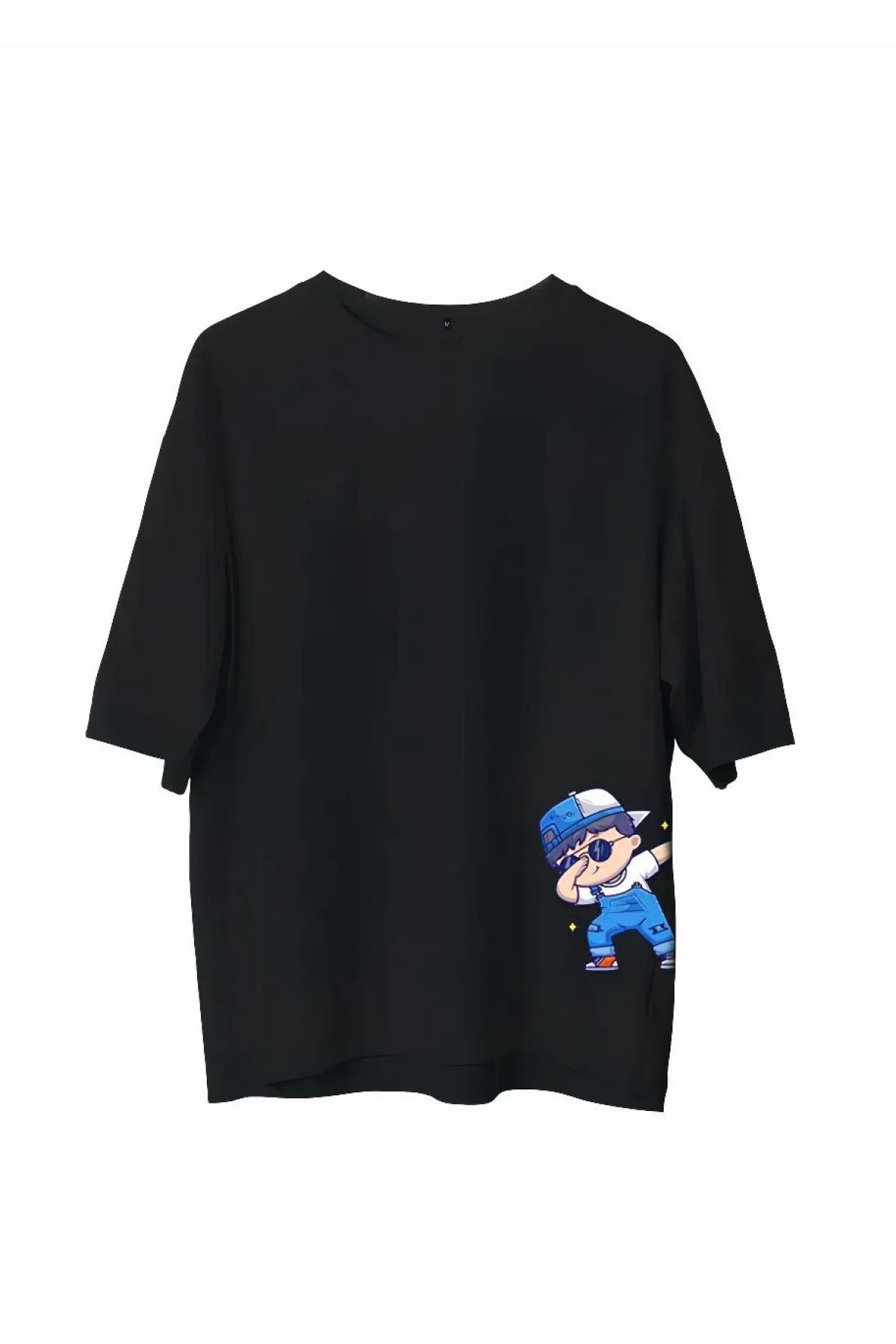 Unisex Bisiklet Yaka Baskılı Oversize T-Shirt - Siyah