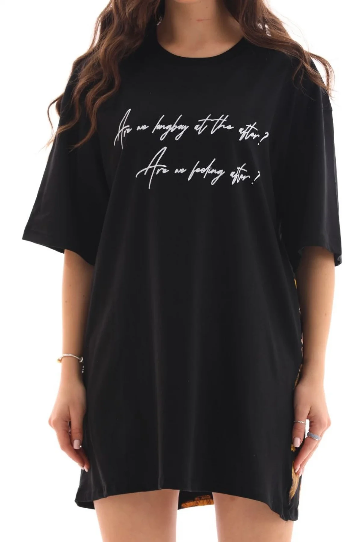 kadın  Bisiklet Yaka Baskılı Oversize T-Shirt - Siyah