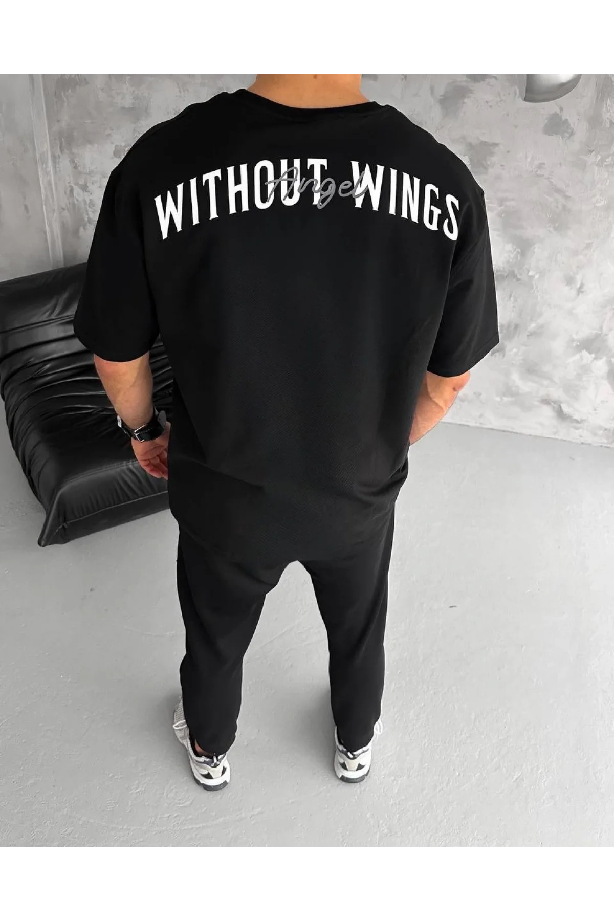 Unisex Bisiklet Yaka Baskılı Oversize T-Shirt - Siyah