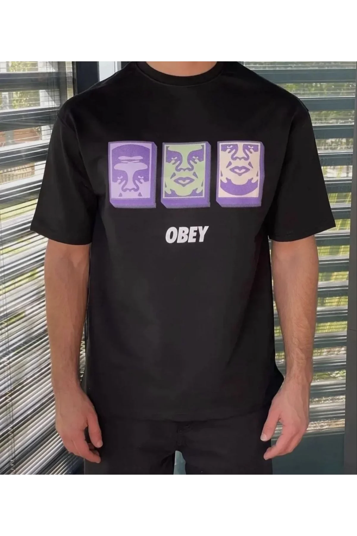 Unisex Bisiklet Yaka Baskılı Oversize T-Shirt - Siyah