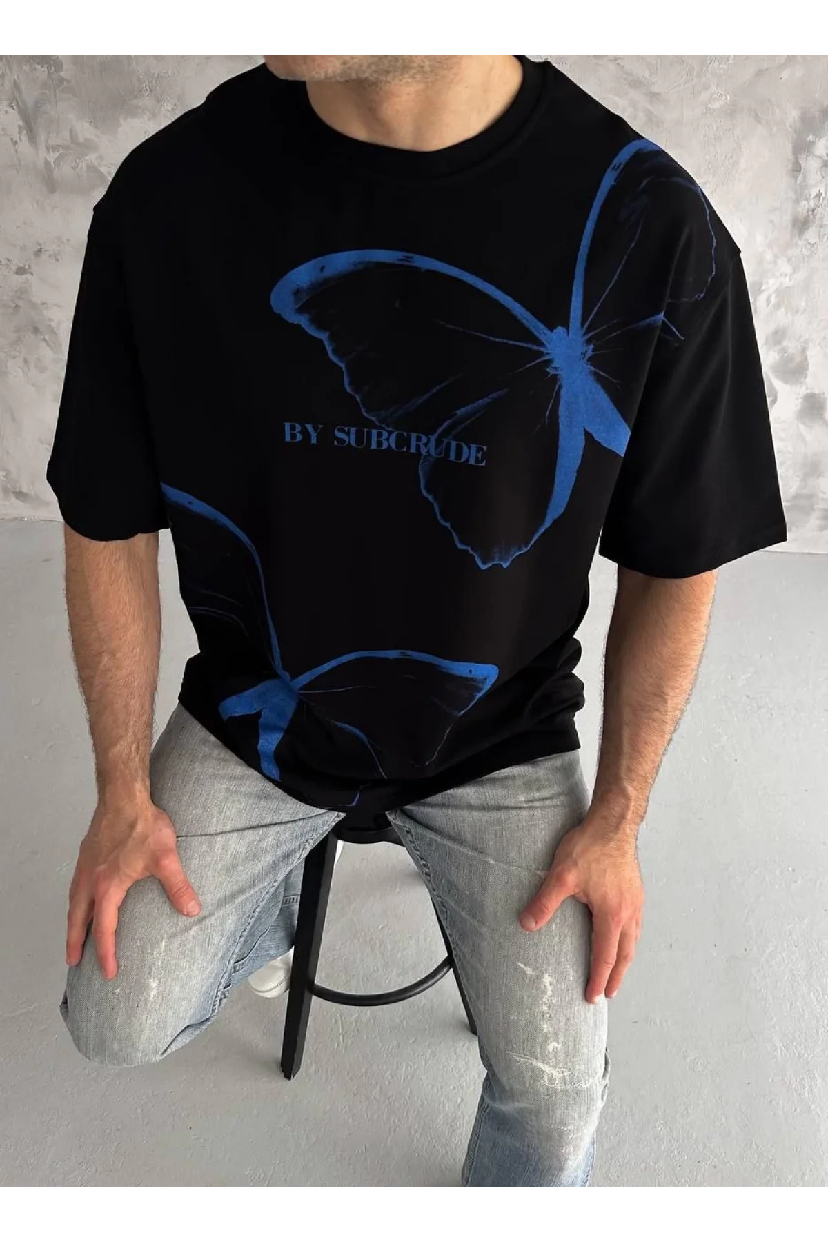 Unisex Bisiklet Yaka Baskılı Oversize T-Shirt - Siyah