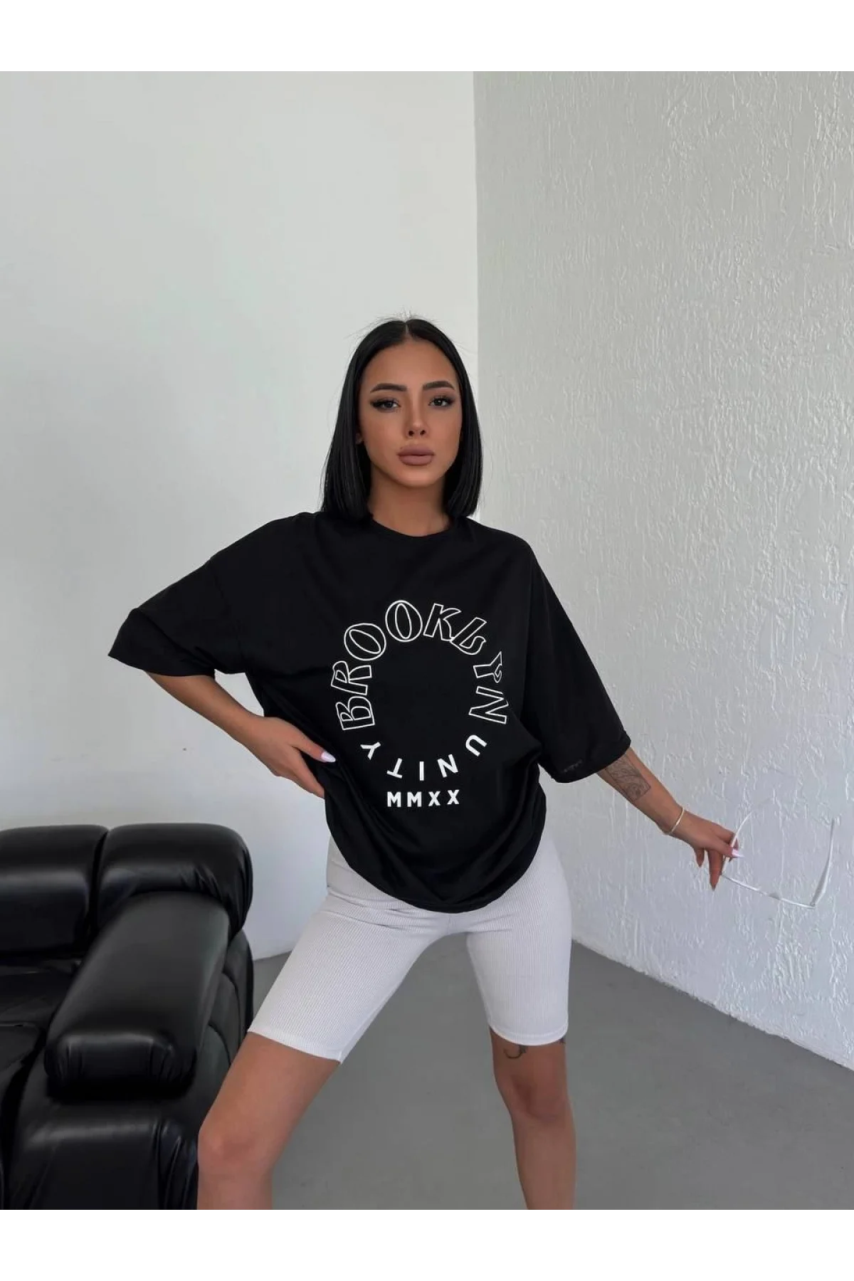 Kadın Baskılı T-Shirt Kısa Kol Bisiklet Yaka  Ovarsize Rahat Kalıp Günlük Tişört - Siyah