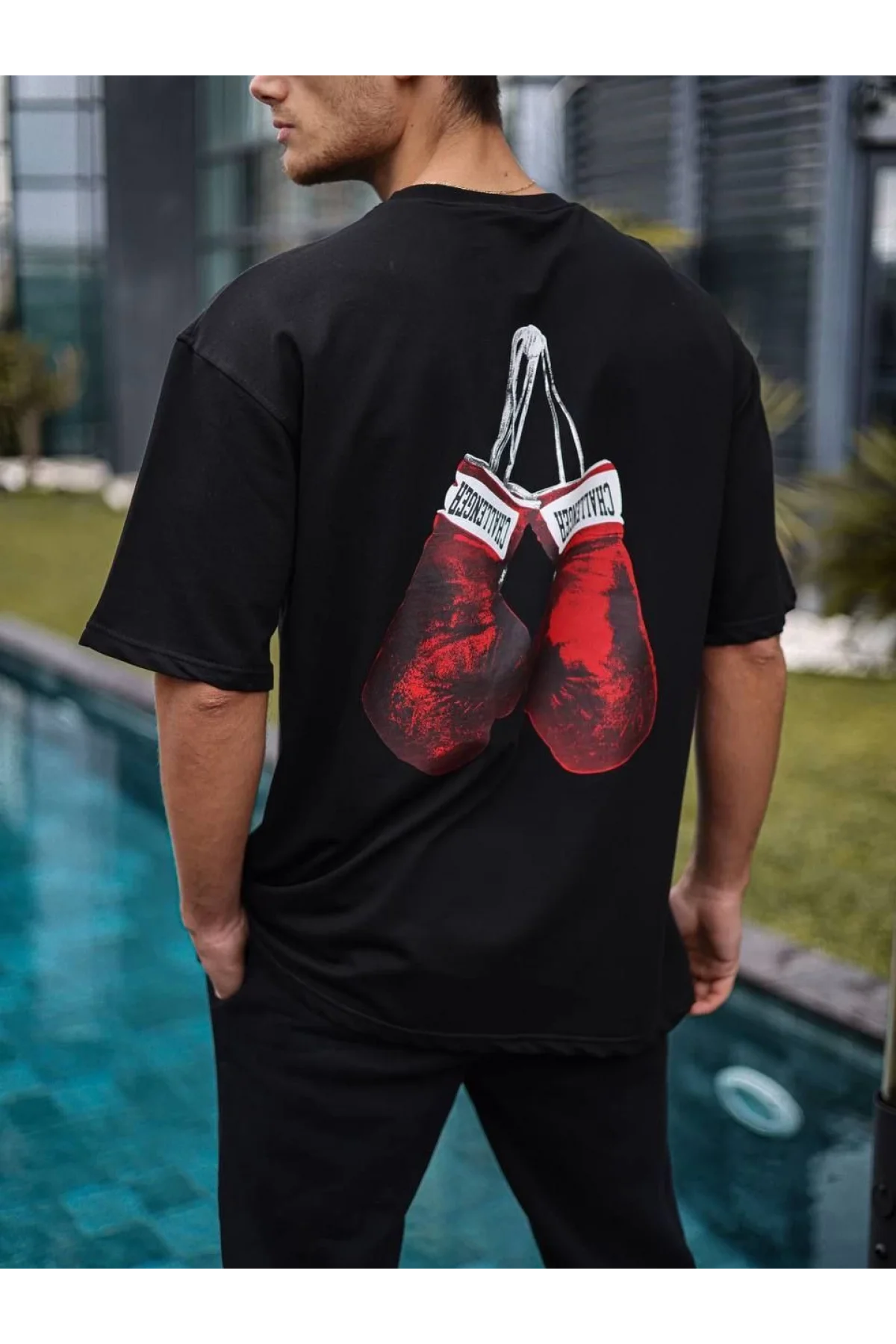 Unisex Bisiklet Yaka Baskılı Oversize T-Shirt - Siyah