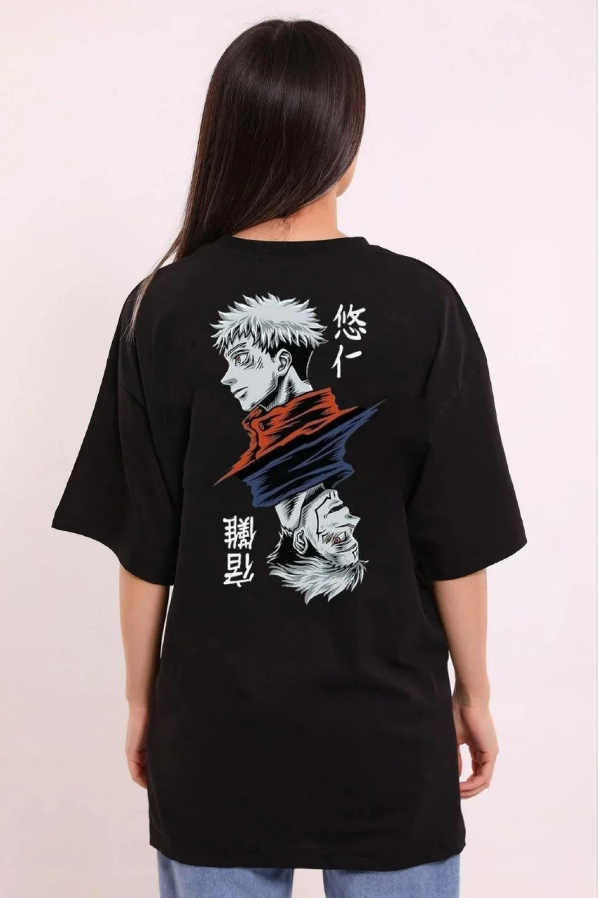 Unisex Bisiklet Yaka Baskılı Oversize T-Shirt - Siyah