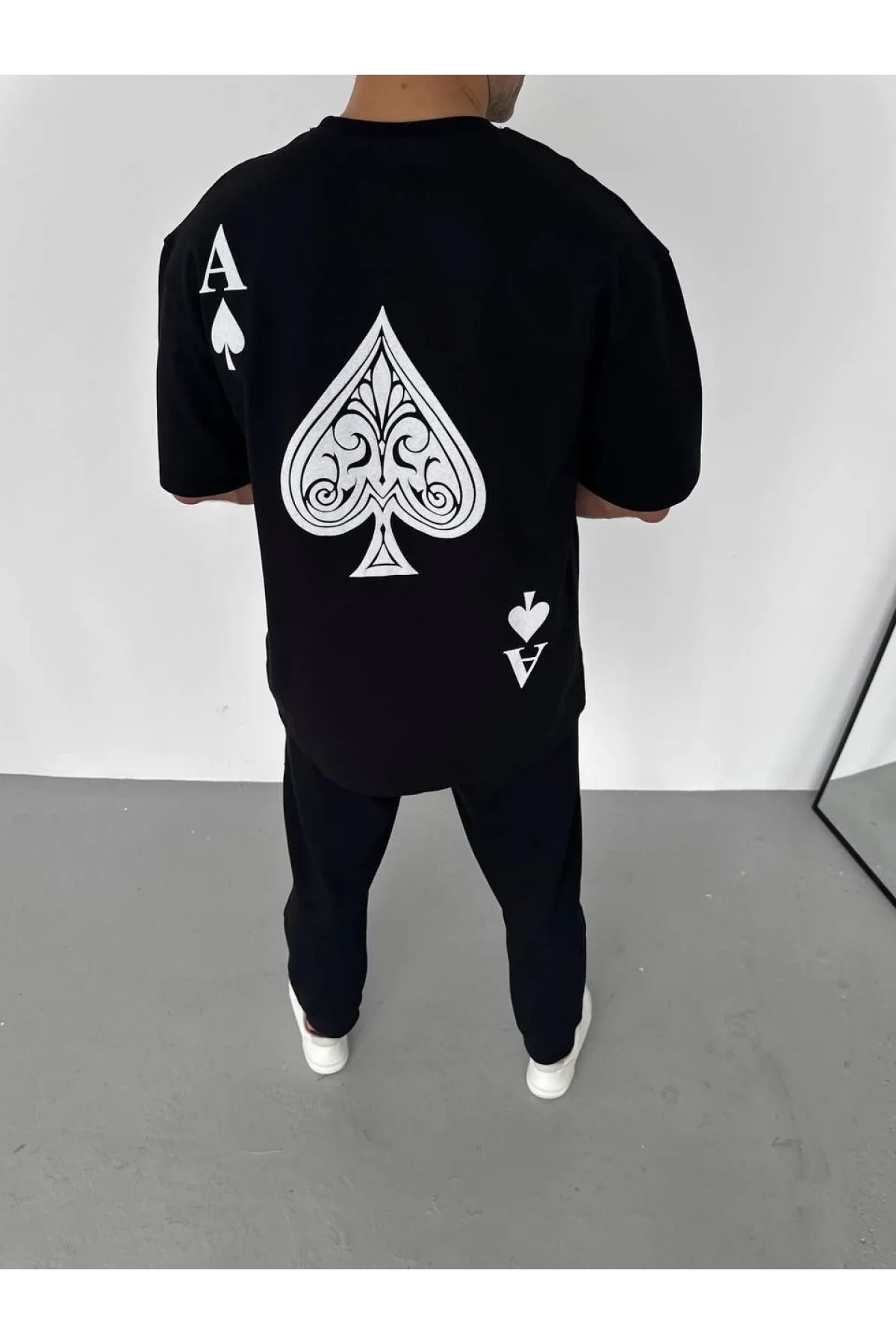 Unisex Bisiklet Yaka Baskılı Oversize T-Shirt - Siyah