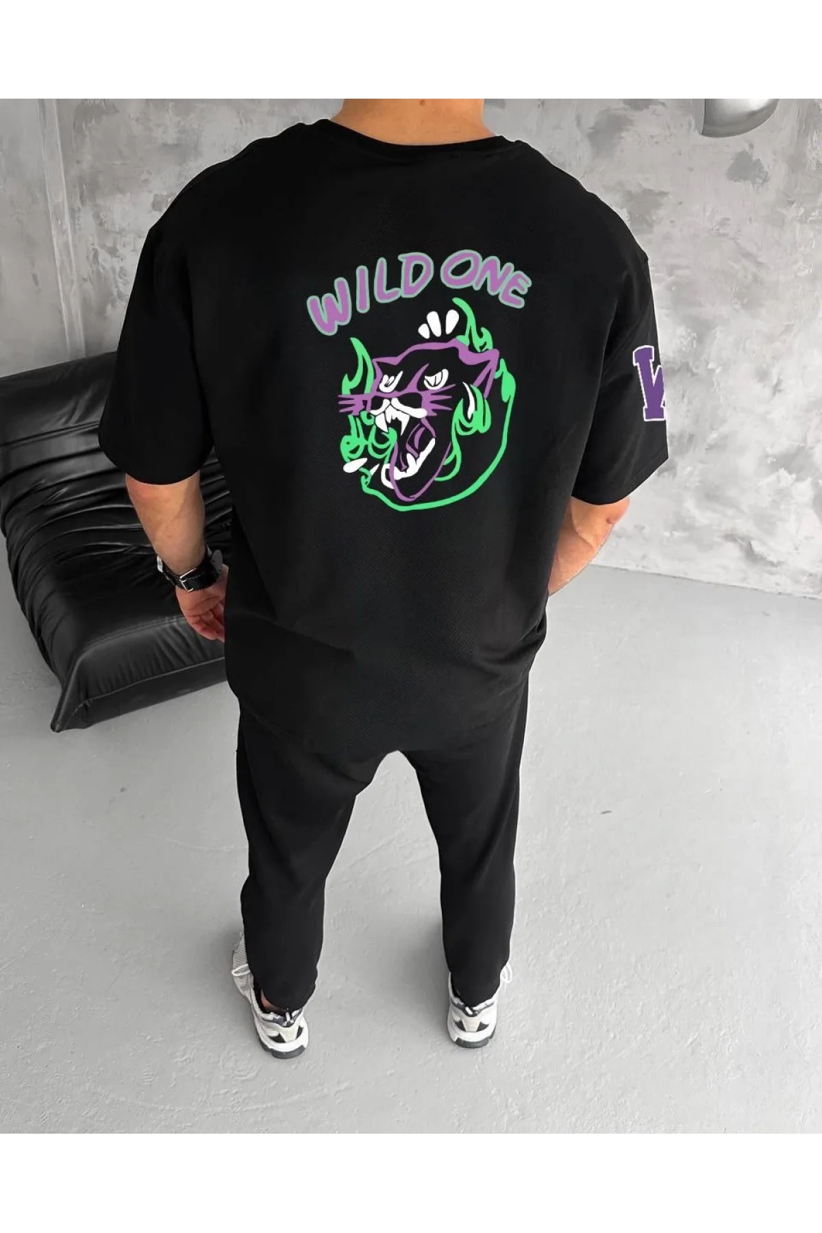 Unisex Bisiklet Yaka Baskılı Oversize T-Shirt - Siyah