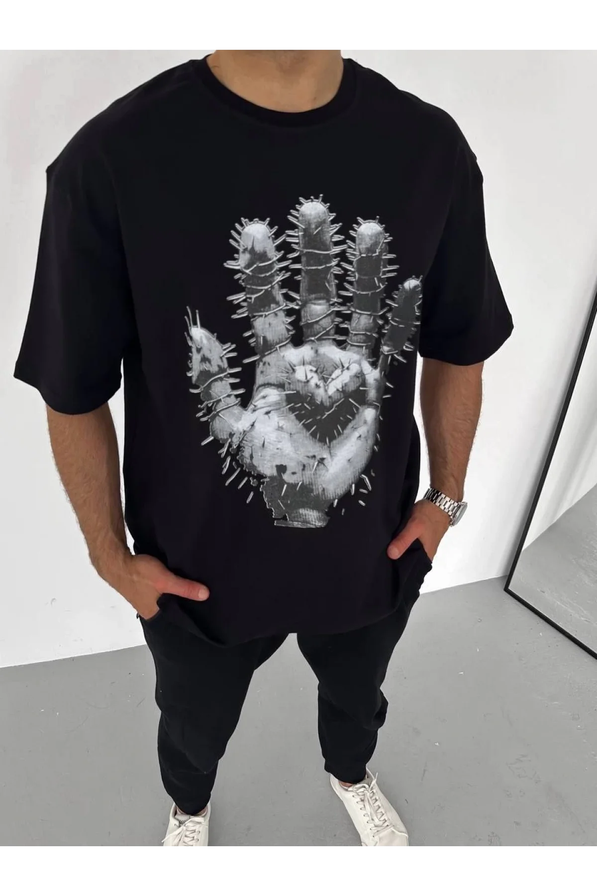 Unisex Bisiklet Yaka Baskılı Oversize T-Shirt - Siyah