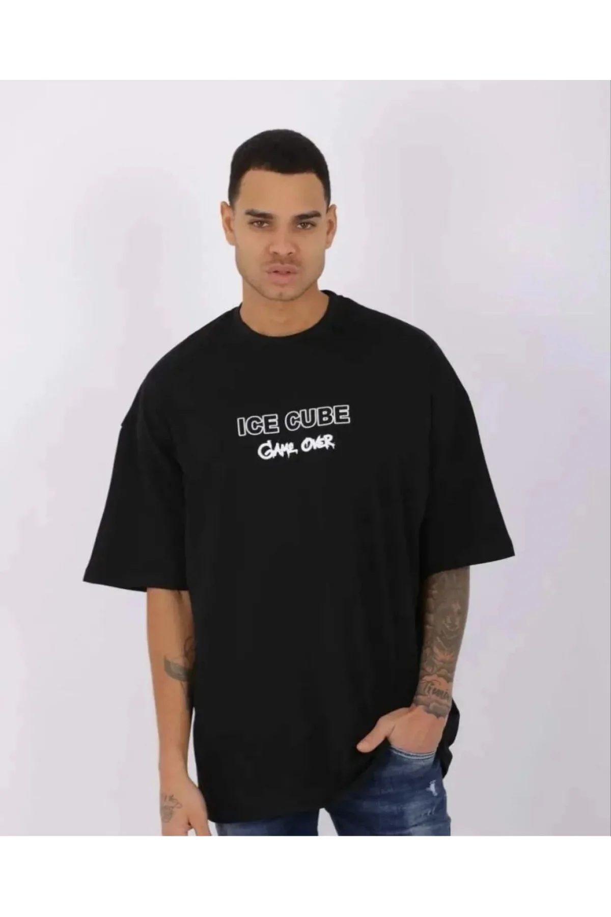 Unisex Bisiklet Yaka Baskılı Oversize T-Shirt - Siyah