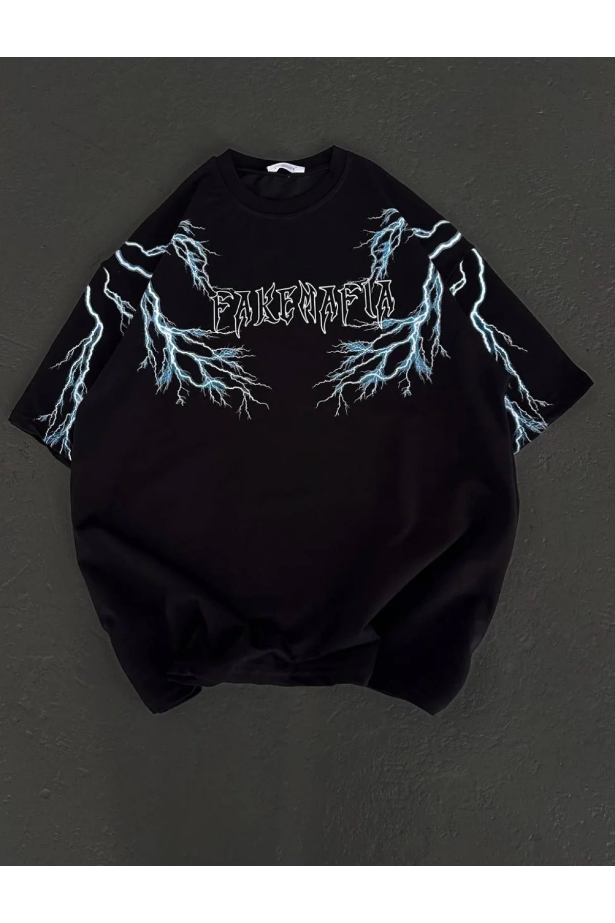 Kadın Bisiklet Yaka Baskılı  Kısa kol Oversize T-Shirt - Siyah