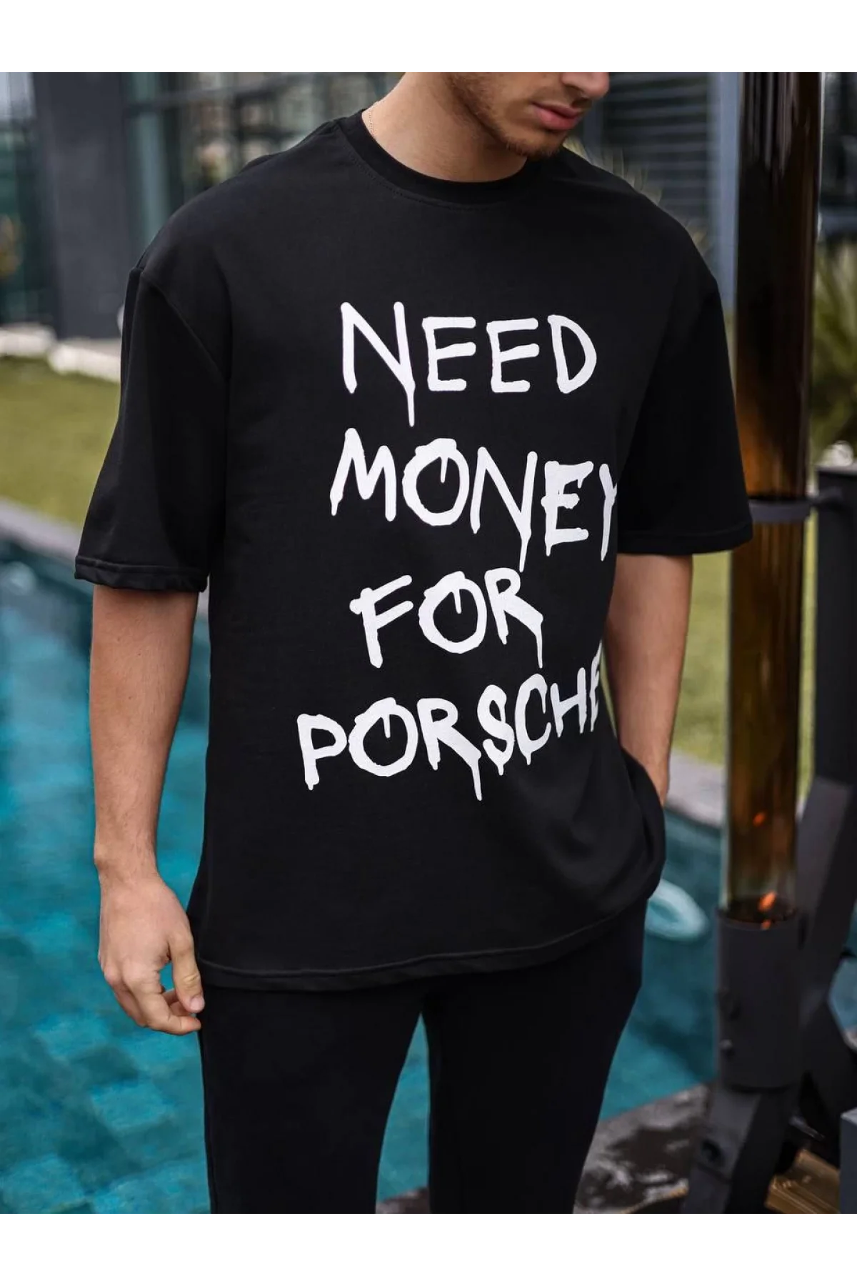 Unisex Bisiklet Yaka Baskılı Oversize T-Shirt - Siyah